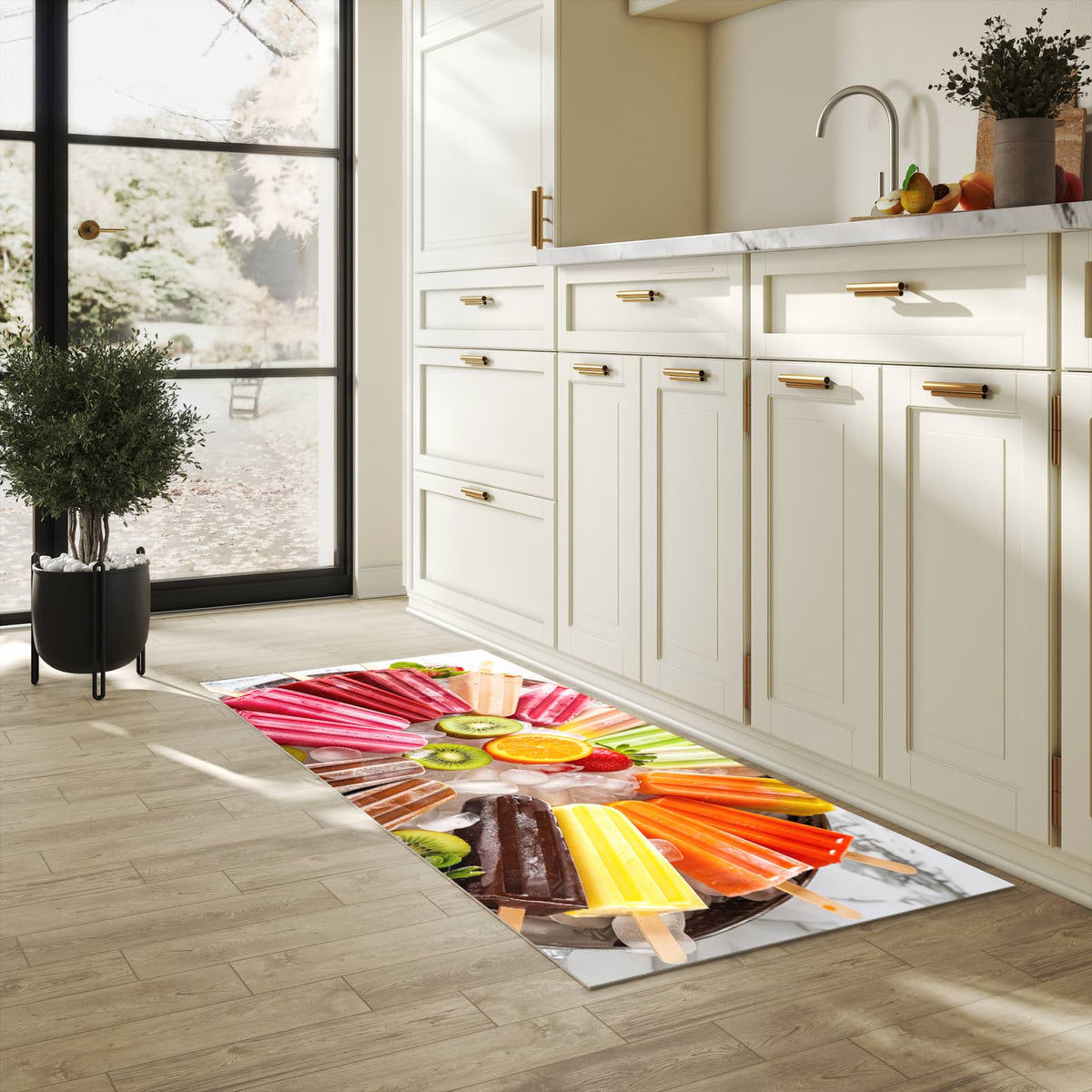 Geräuschdämpfender waschbarer Küchenteppich mit Motiv Sommerliches Eis in heller Küche