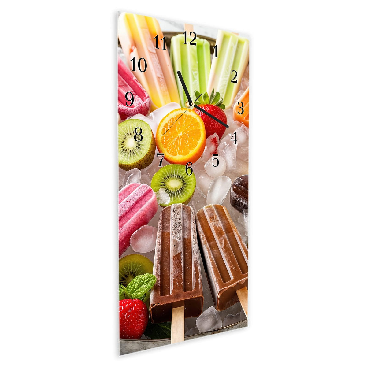 Vormontiert – mit Schwebeeffekt – Wanduhr Sommerliches Eis aus Glas – Hochformat 30 × 60 cm