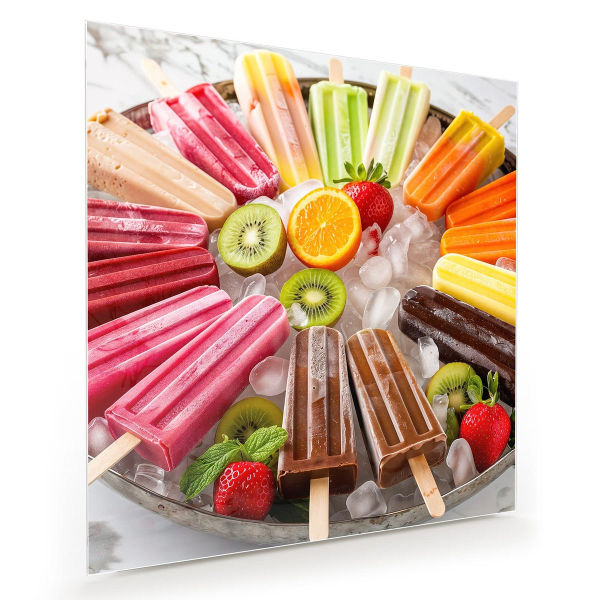 Bunte Eis am Stiel auf Eiswürfeln mit Kiwi, Orange und Erdbeeren