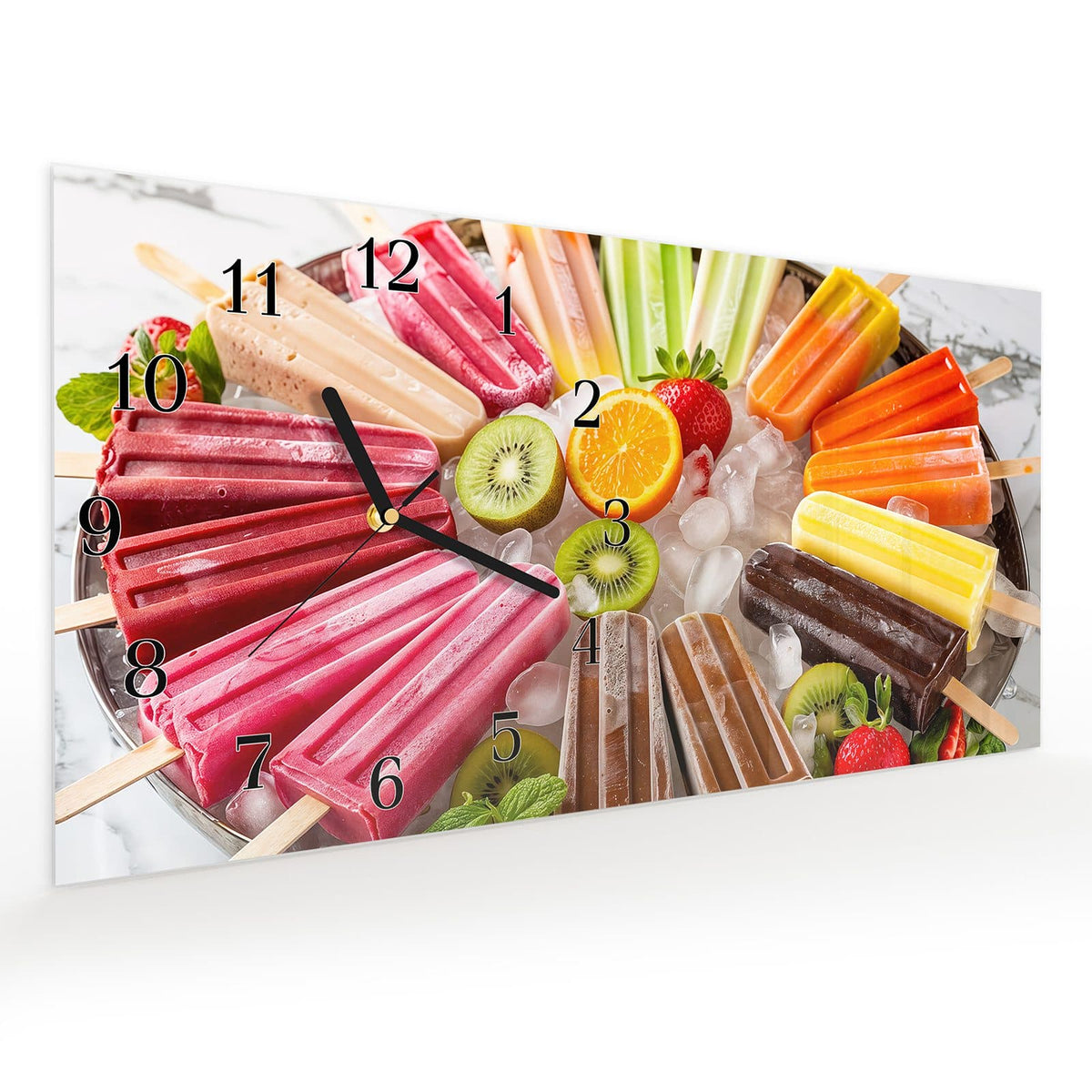 Vormontiert – mit Schwebeeffekt – Wanduhr Sommerliches Eis aus Glas – Querformat 60 × 30 cm