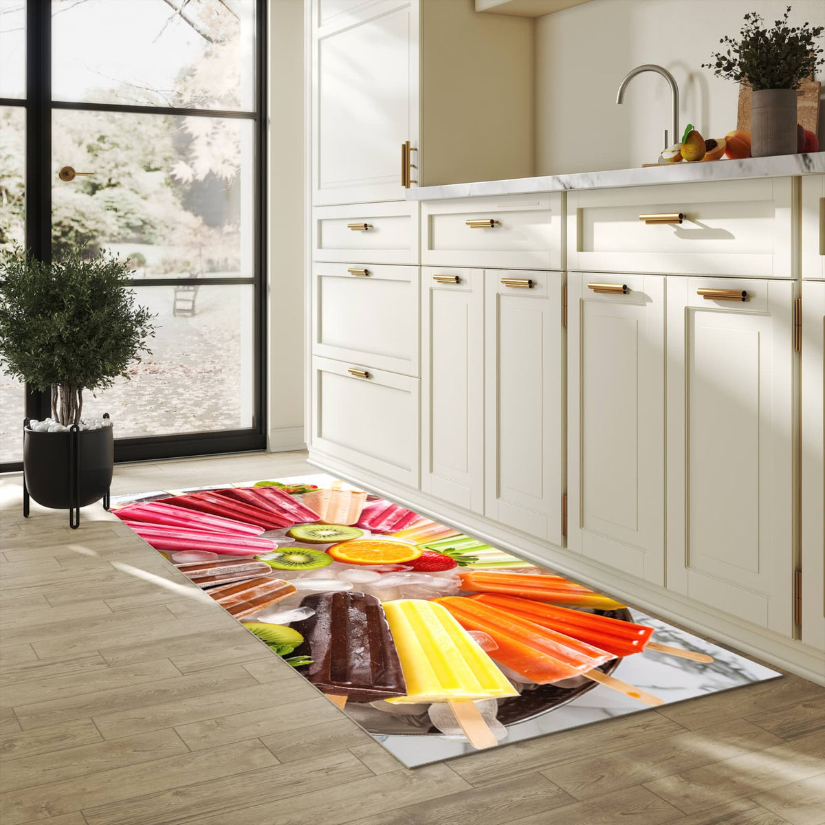 Fleckenresistenter Küchenläufer mit Motiv Sommerliches Eis in heller Küche