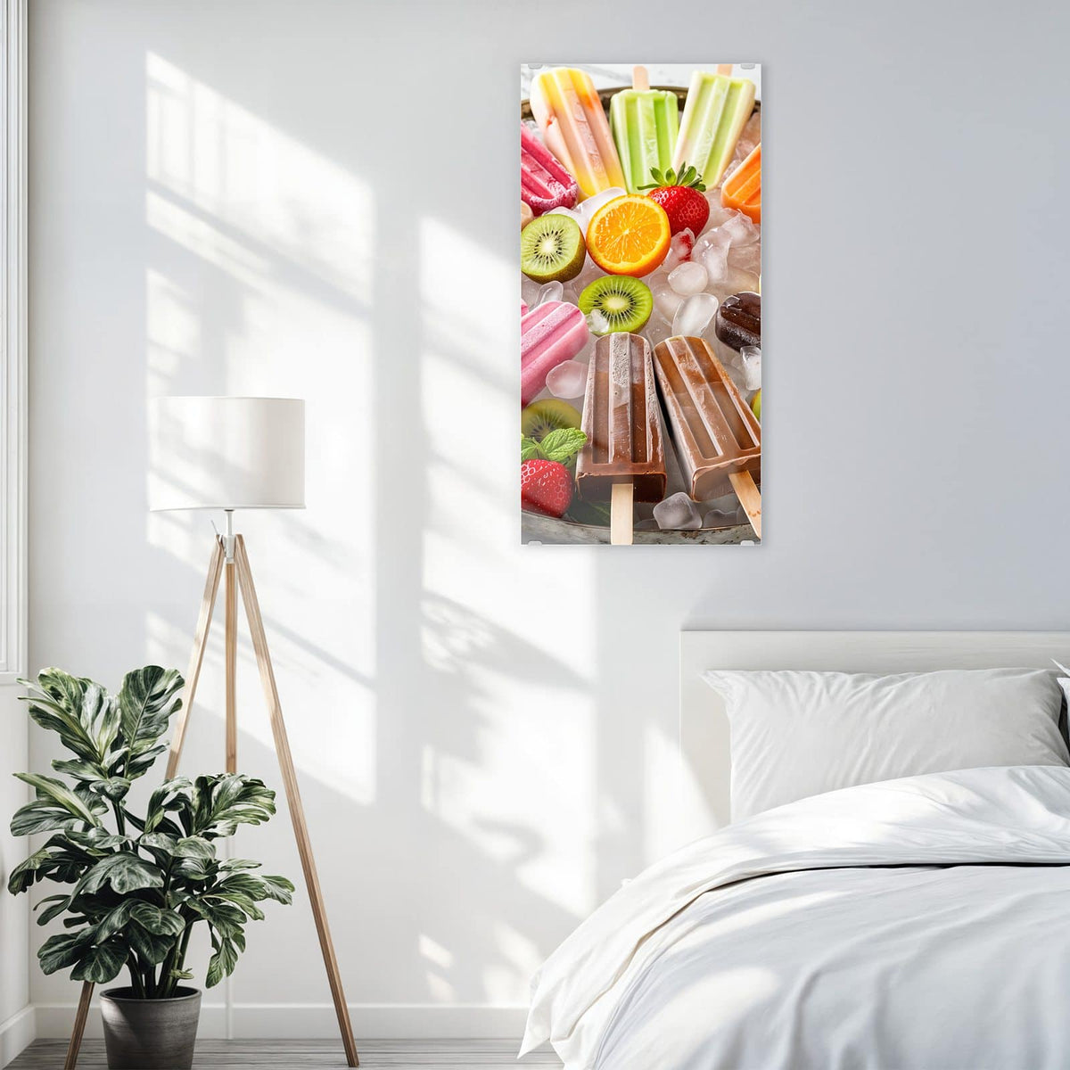 Glasbild Sommerliches Eis an der Wand – Bunte Eis am Stiel auf Eiswürfeln mit Kiwi, Orange und Erdbeeren