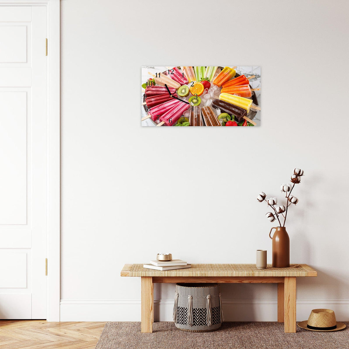 Moderne Wanduhr aus Glas mit Farbtiefe – Wanduhr Sommerliches Eis aus Glas – Querformat 60 × 30 cm