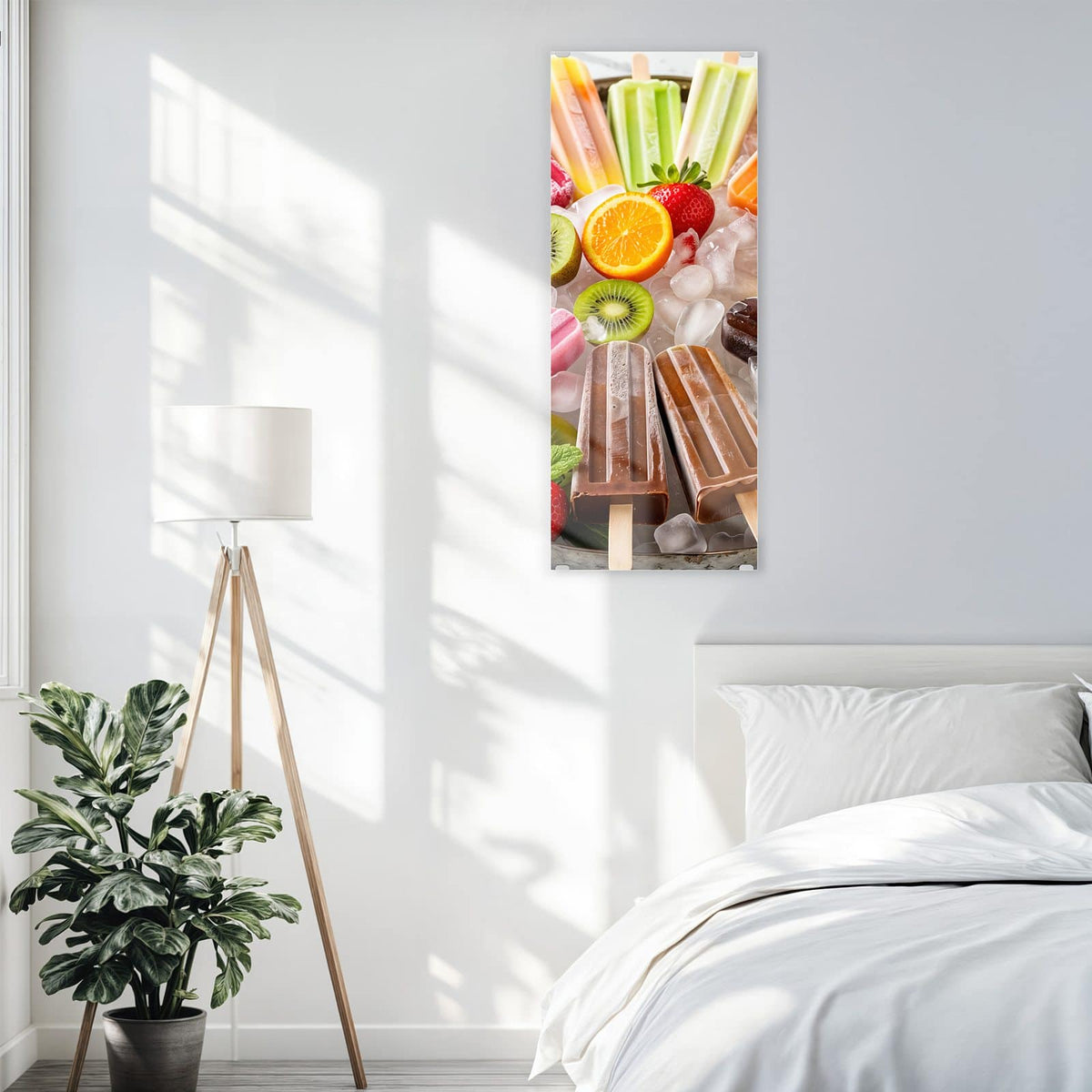 Glasbild Sommerliches Eis an der Wand – Bunte Eis am Stiel auf Eiswürfeln mit Kiwi, Orange und Erdbeeren