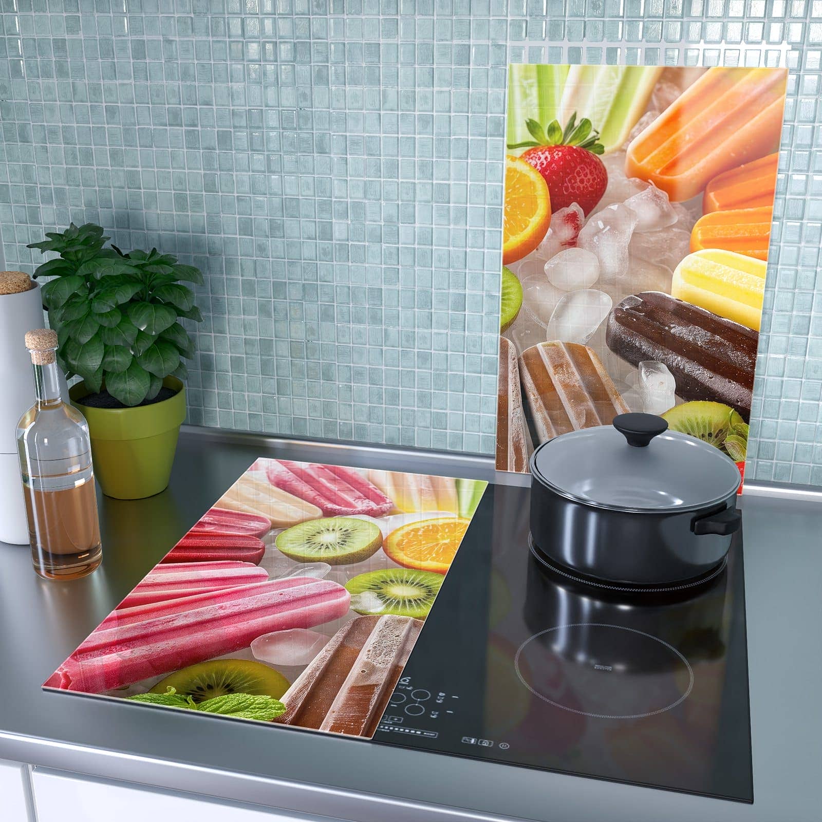 2-teilige Herdabdeckplatte mit Sommerliches Eis-Motiv als Spritzschutz hinter dem Kochfeld