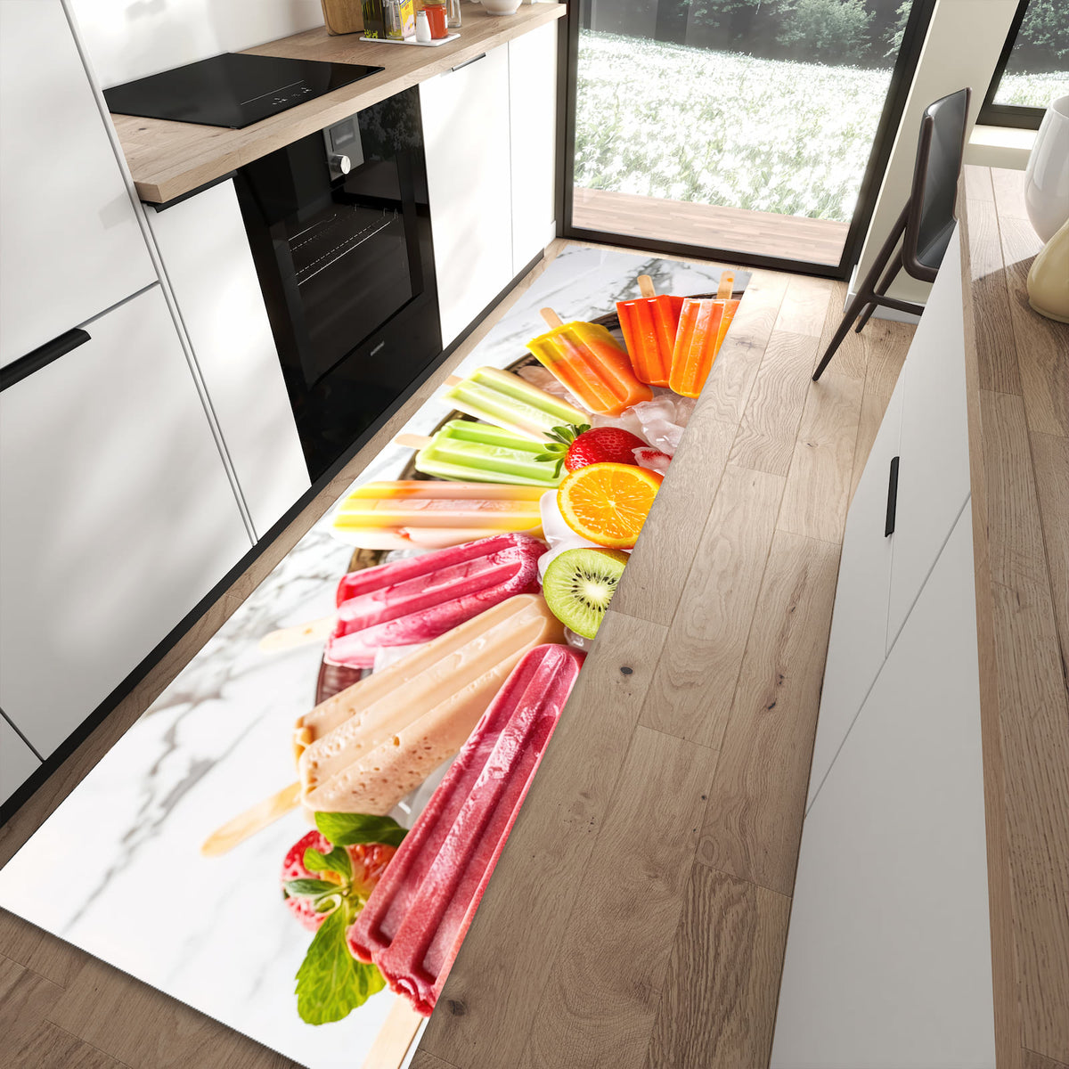 Fleckenresistenter rutschfester Küchenteppich mit Motiv Sommerliches Eis in moderner Küche