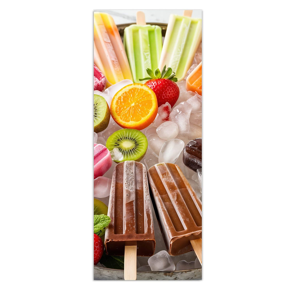 Bunte Eis am Stiel auf Eiswürfeln mit Kiwi, Orange und Erdbeeren