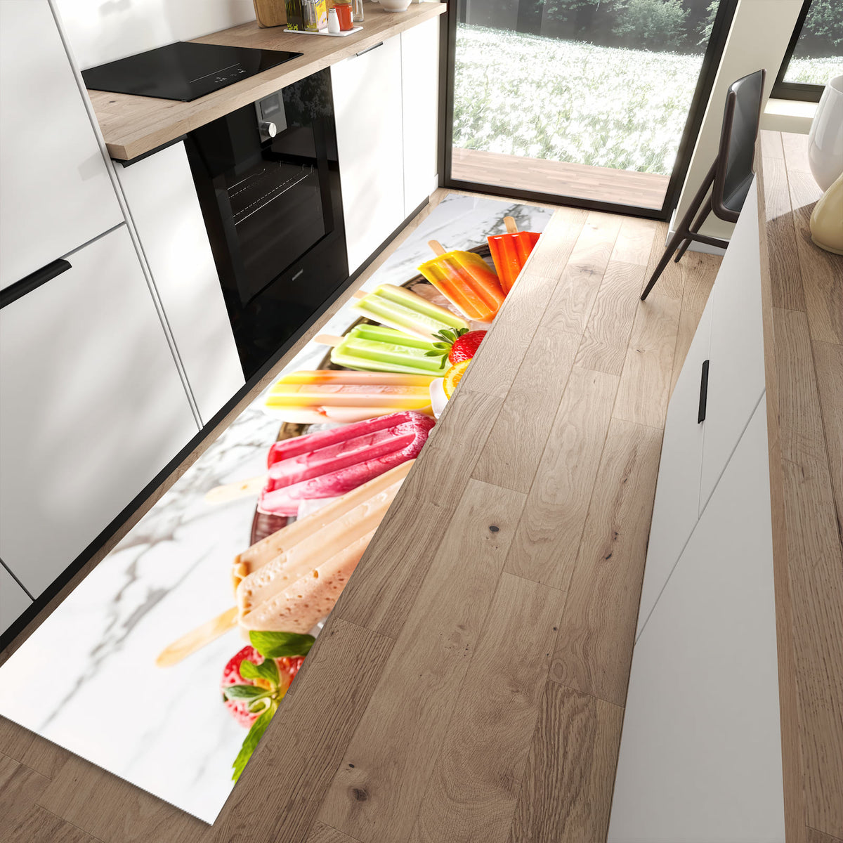 Geräuschdämpfender dünner Teppich mit Motiv Sommerliches Eis in moderner Küche