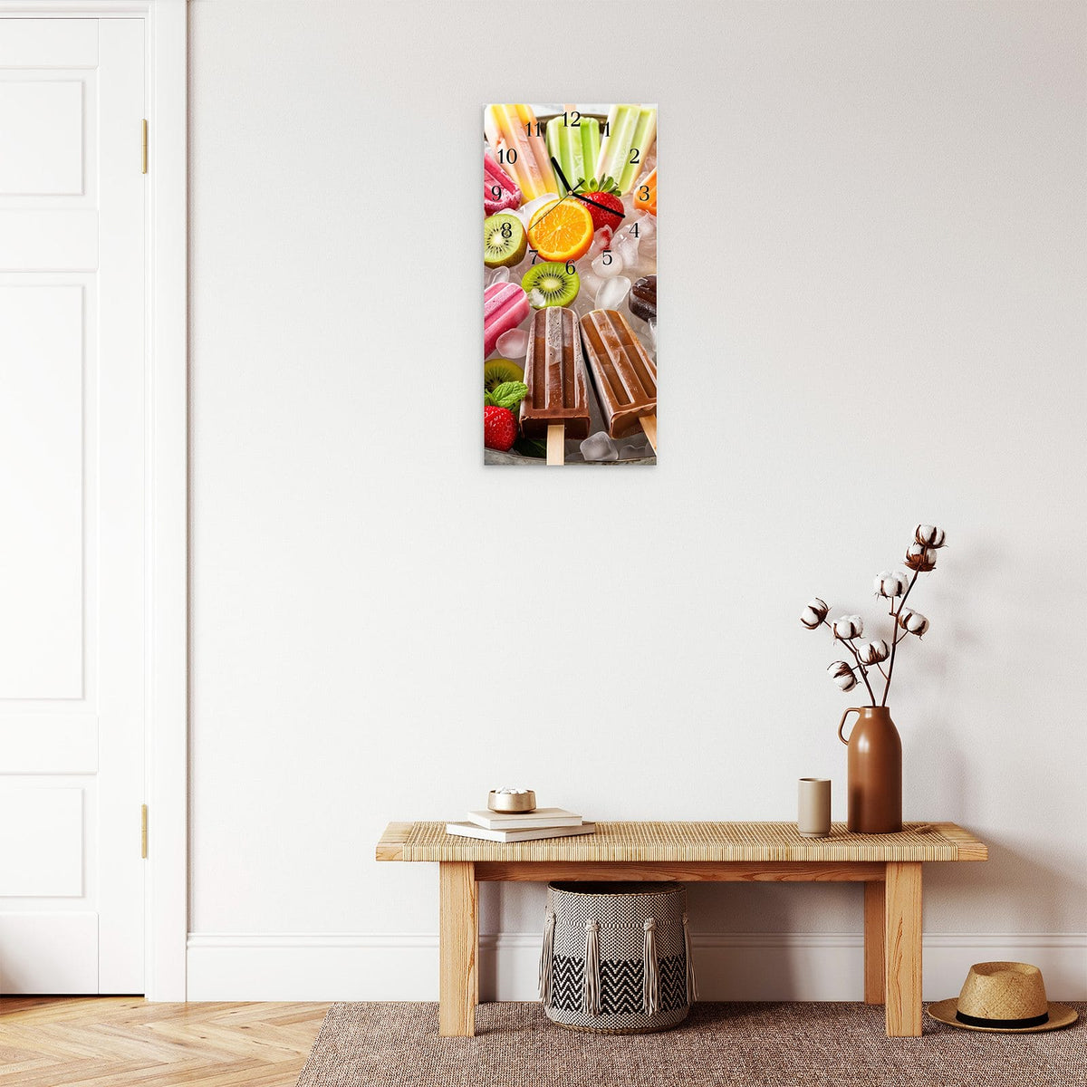 Moderne Wanduhr aus Glas mit Farbtiefe – Wanduhr Sommerliches Eis aus Glas – Hochformat 30 × 60 cm