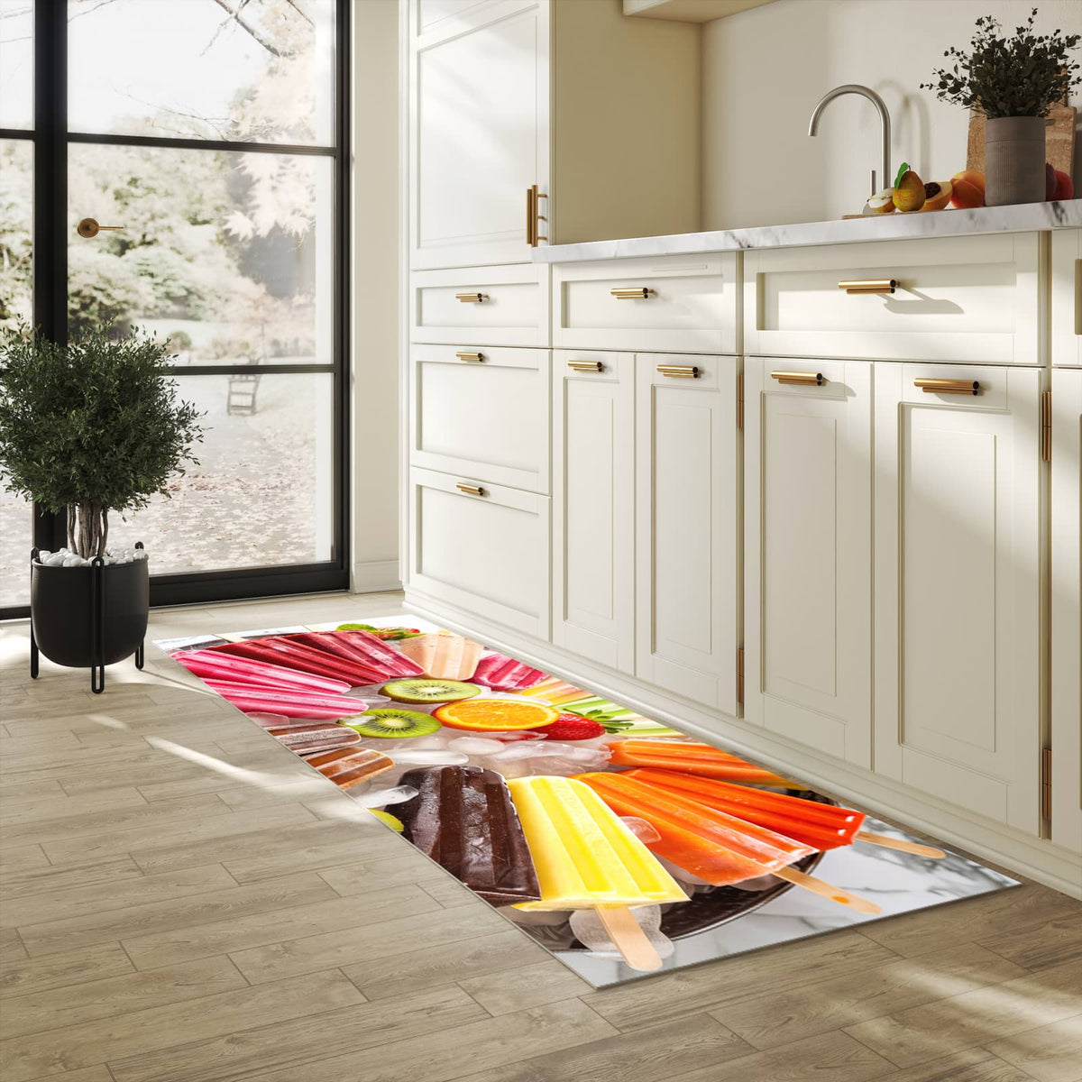 Abriebfester großer Küchenteppich mit Motiv Sommerliches Eis in heller Küche