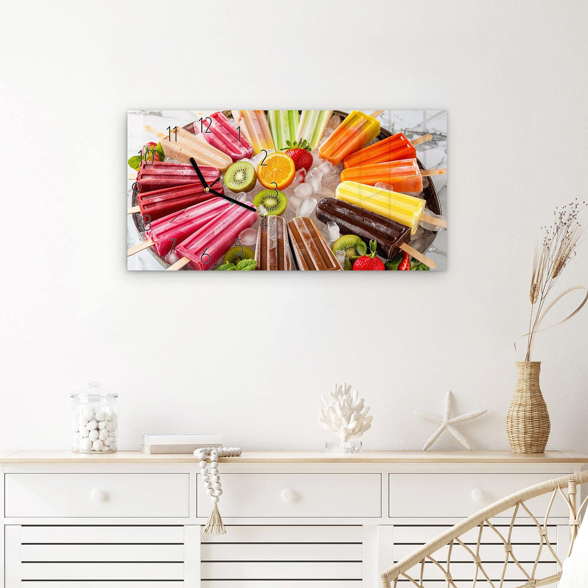 Wanduhr Sommerliches Eis aus Glas – Querformat 60 × 30 cm – Eis am Stiel mit frischem Obst