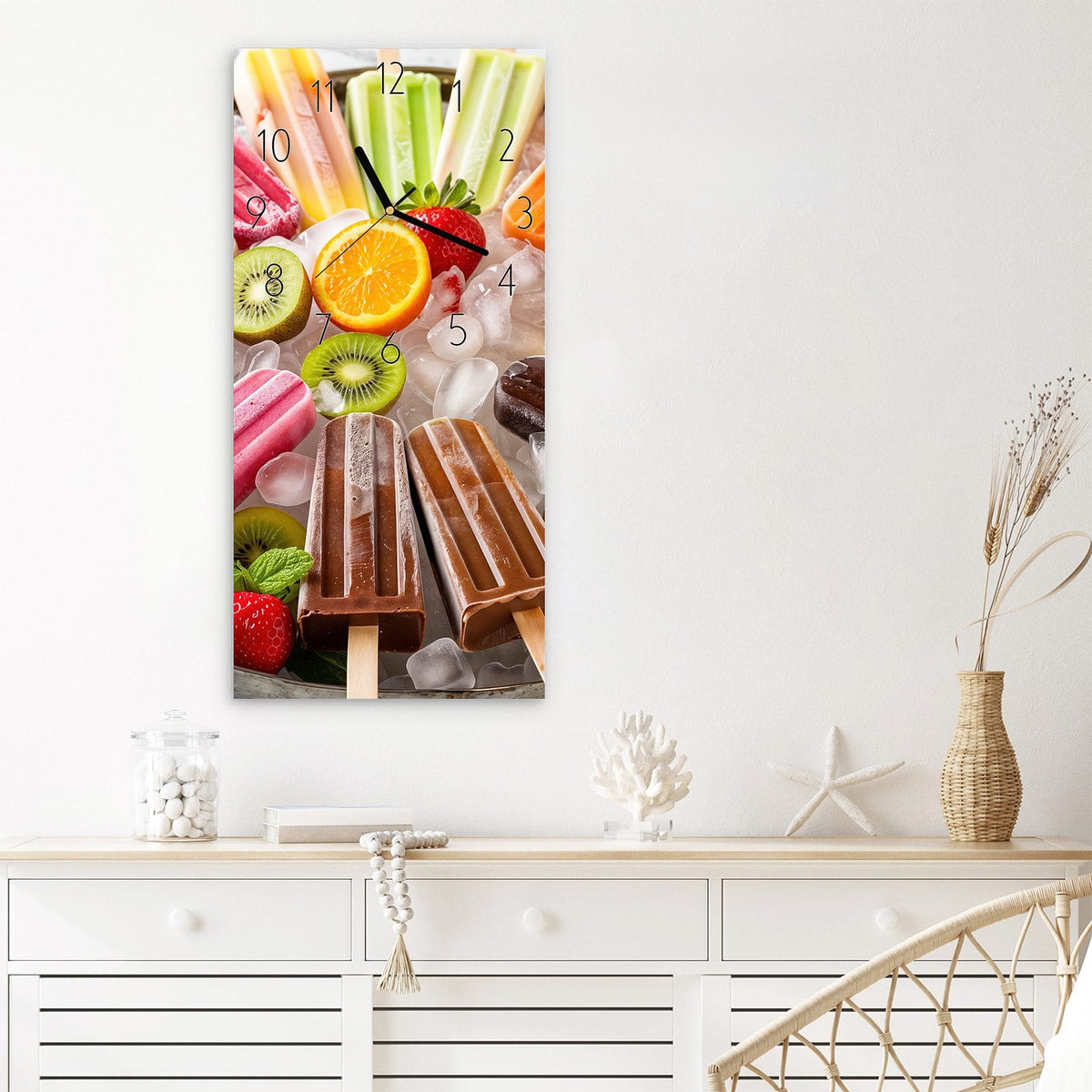 Wanduhr Sommerliches Eis aus Glas – Eis am Stiel mit frischem Obst