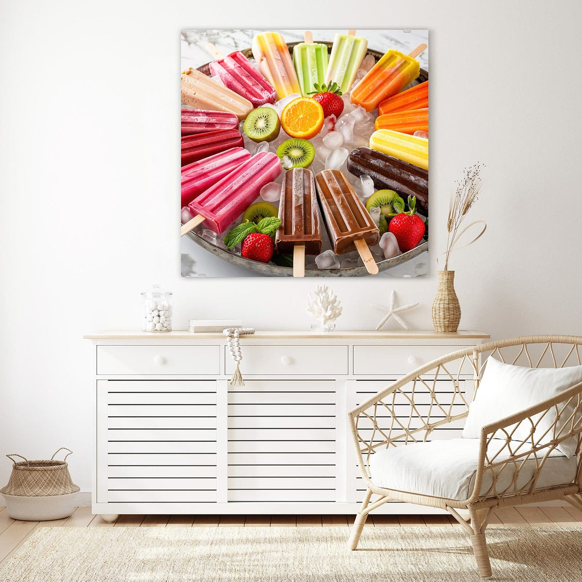 Glasbild Sommerliches Eis an der Wand – Bunte Eis am Stiel auf Eiswürfeln mit Kiwi, Orange und Erdbeeren