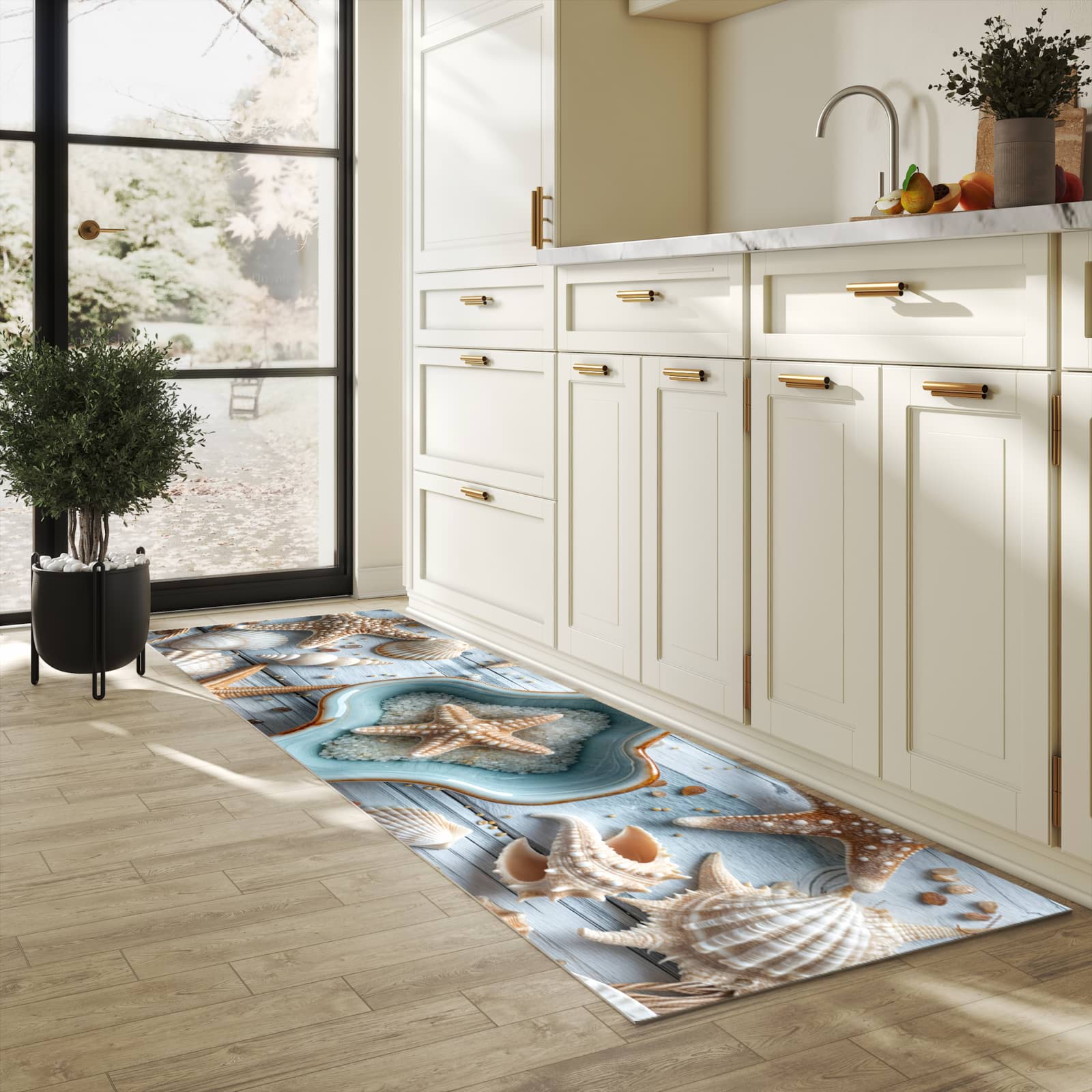 Waschbarer Teppich fürs Esszimmer mit Motiv Muscheldeko Sternform in heller Küche