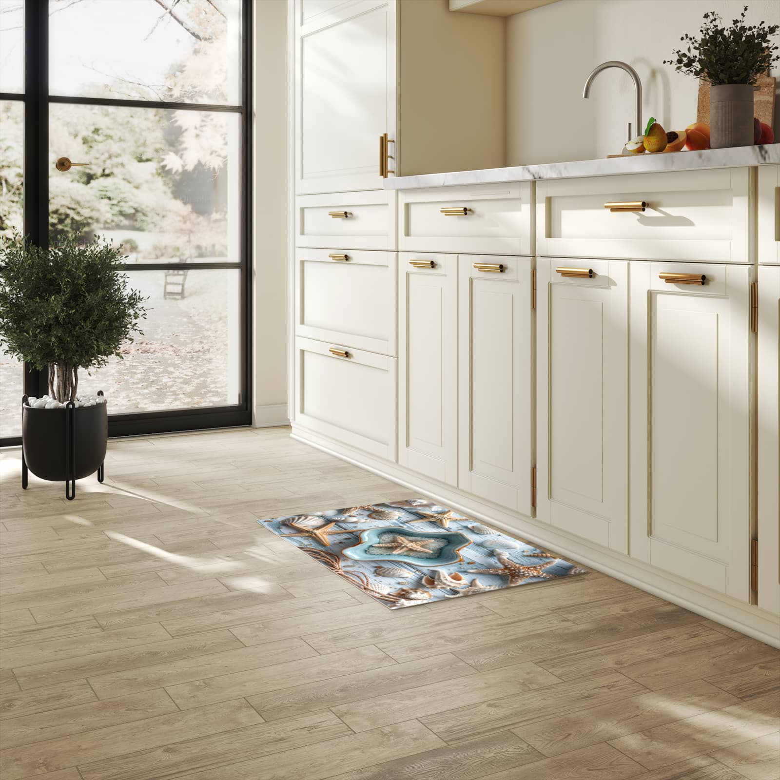 Dünner Küchenteppich mit Motiv Muscheldeko Sternform in heller Küche für angenehme Haptik