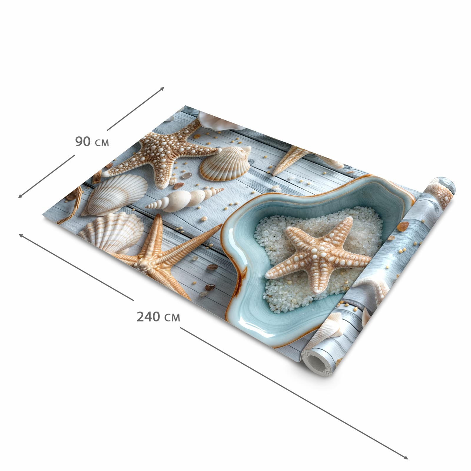 Waschbarer Teppich fürs Esszimmer mit Motiv Muscheldeko Sternform in der Größe 60x90 cm