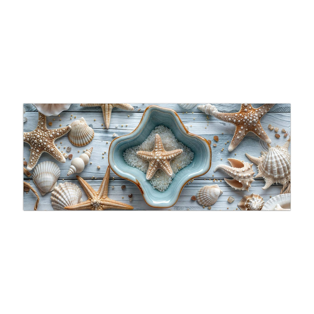Küchenrückwand aus Glas Seesterne und Muscheln im Hochformat, Motiv bildfüllend von vorn