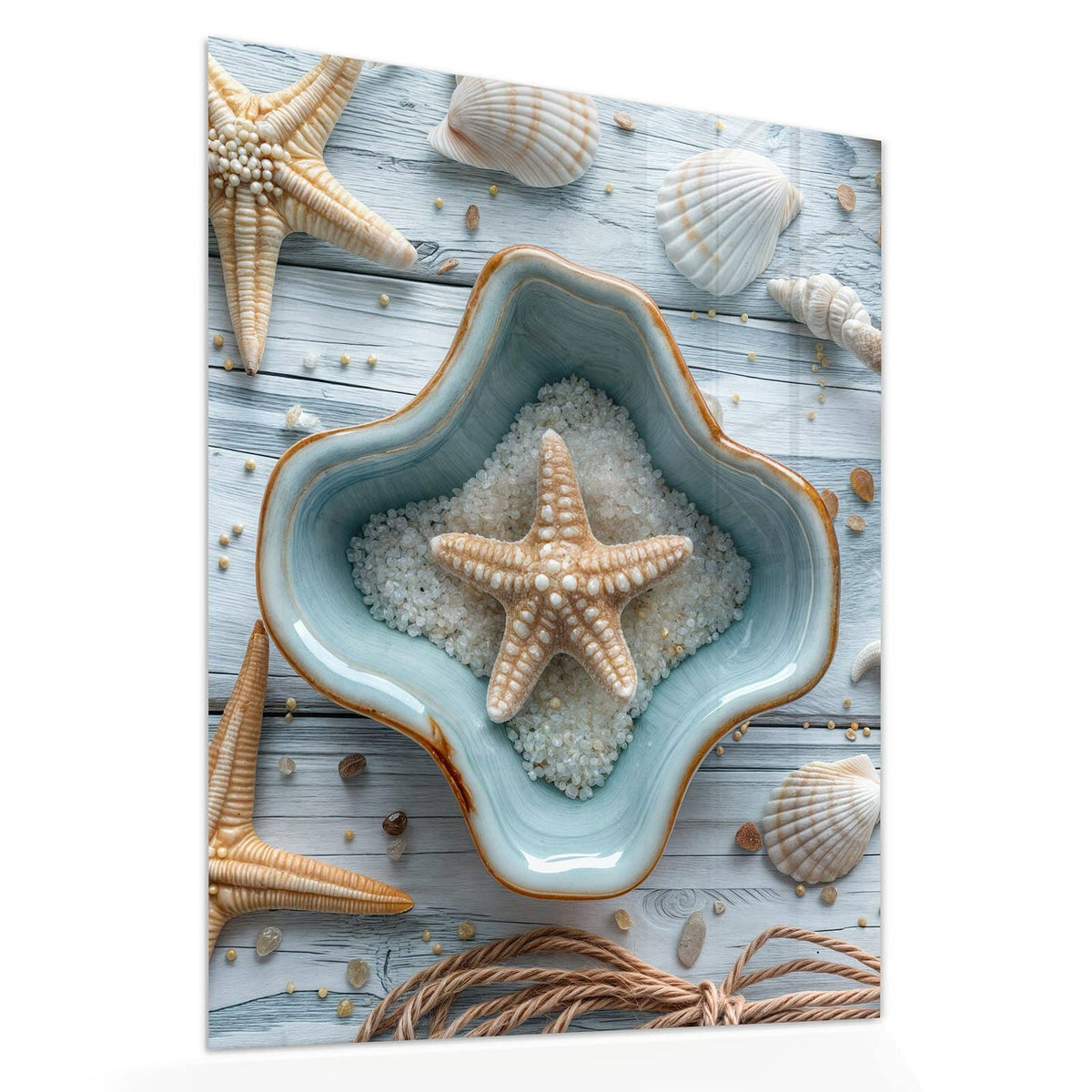Echtglas, 4 mm – kein Acryl, keine Folie – Wandbild - Seesterne und Muscheln - Hochformat