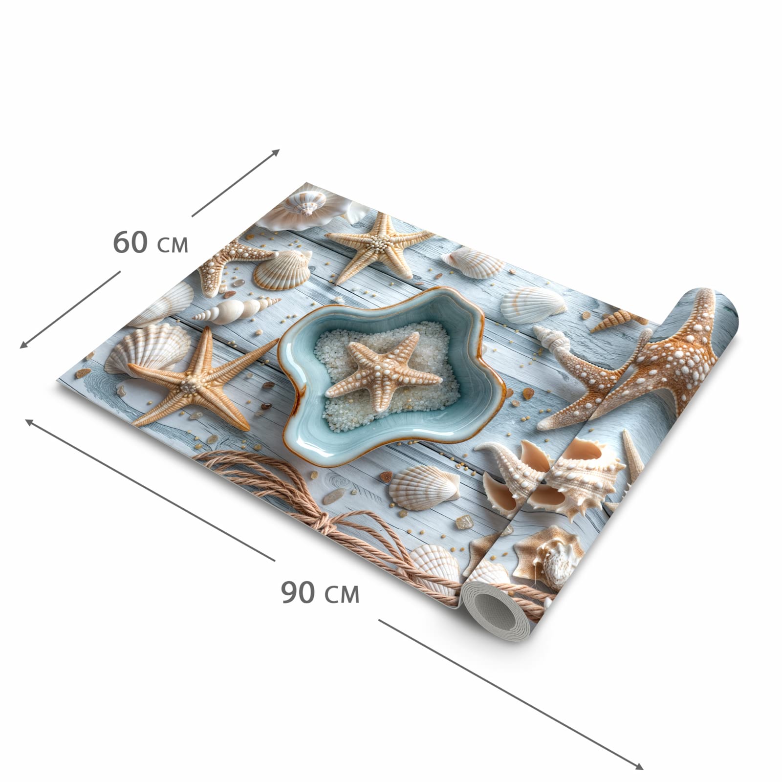 Komfortabler langer Teppich mit Motiv Muscheldeko Sternform in der Grösse 60x90 cm