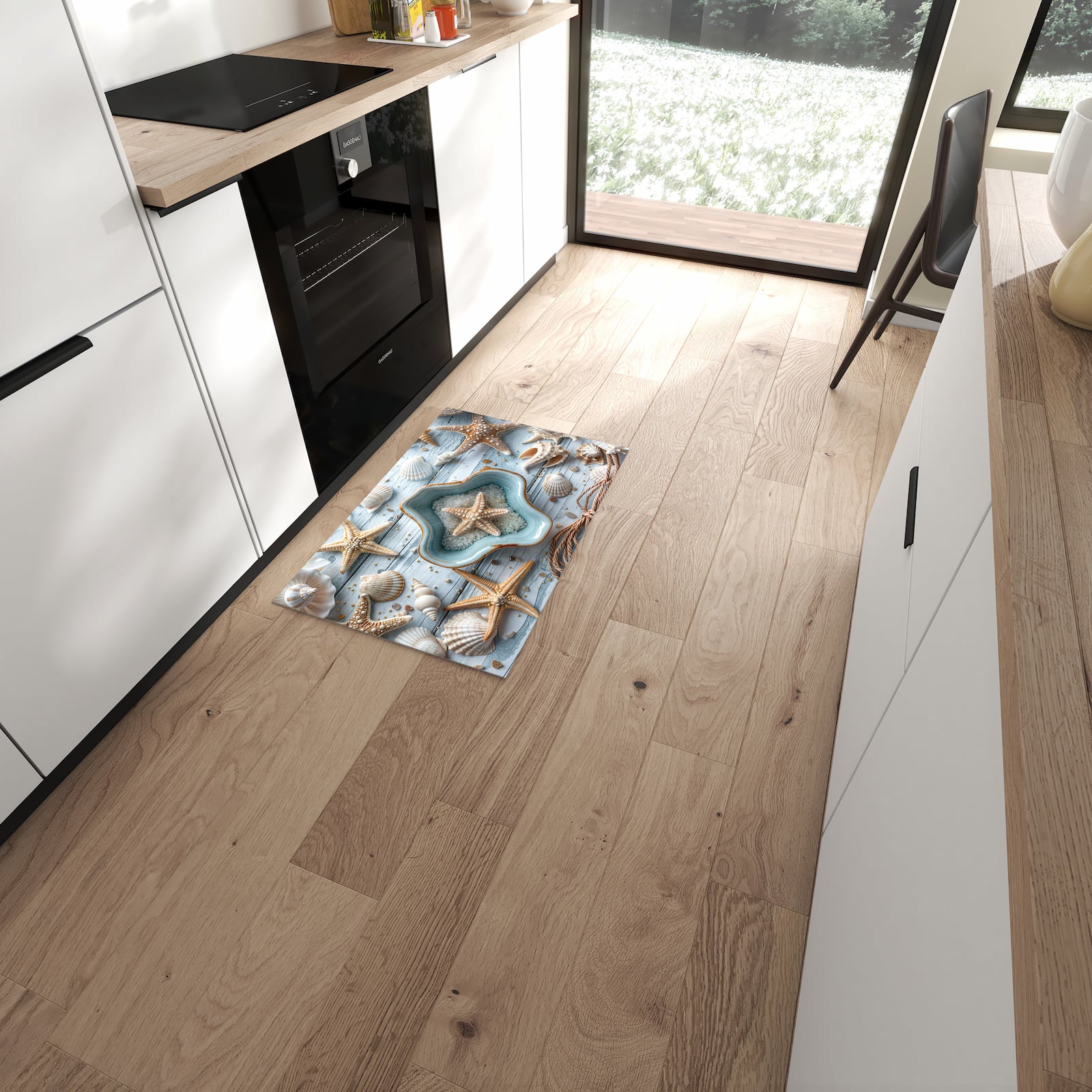 Strapazierfähiger Küchenläufer mit Motiv Muscheldeko Sternform in moderner Küche