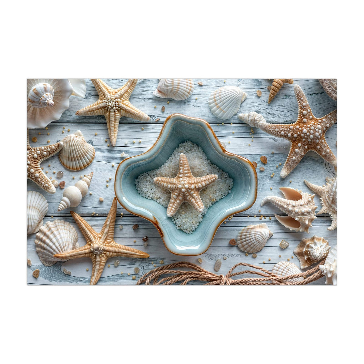 Küchenrückwand aus Glas Seesterne und Muscheln im Hochformat, Motiv bildfüllend von vorn