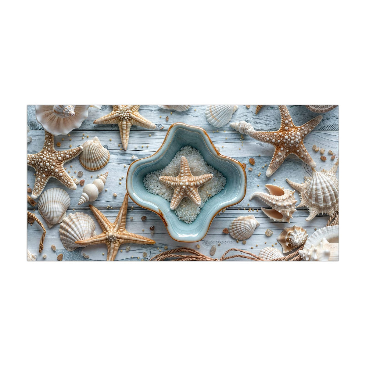 Küchenrückwand aus Glas Seesterne und Muscheln im Hochformat, Motiv bildfüllend von vorn