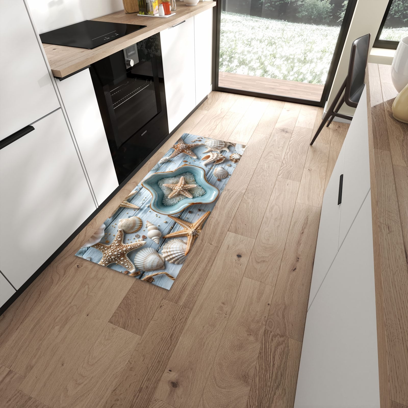 Komfortabler Küchenteppich mit Motiv Muscheldeko Sternform in moderner Küche #grösse_60 x 150 cm