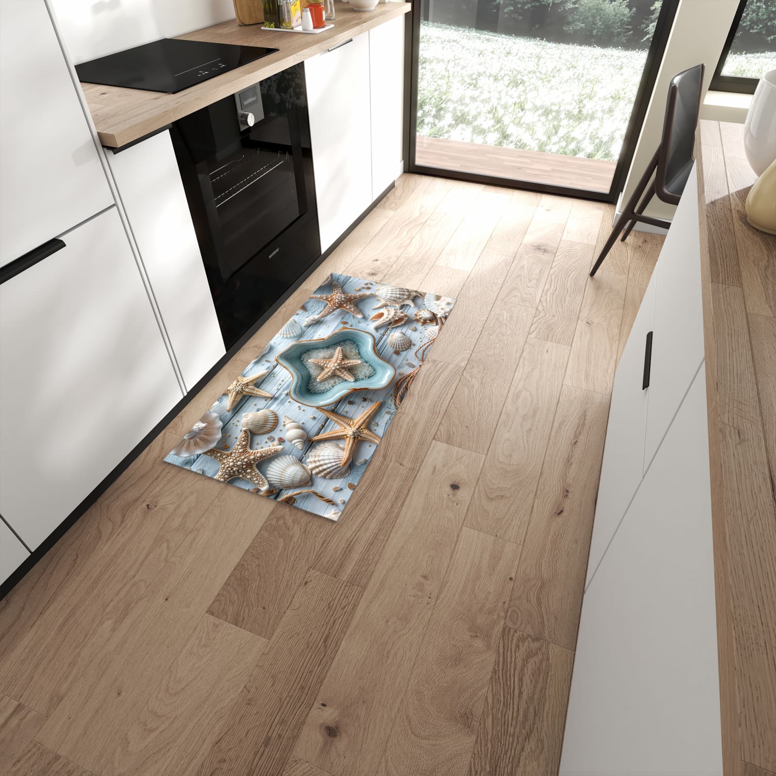 Pflegeleichter Teppich für die Küche mit Motiv Muscheldeko Sternform in moderner Küche #grösse_60 x 120 cm