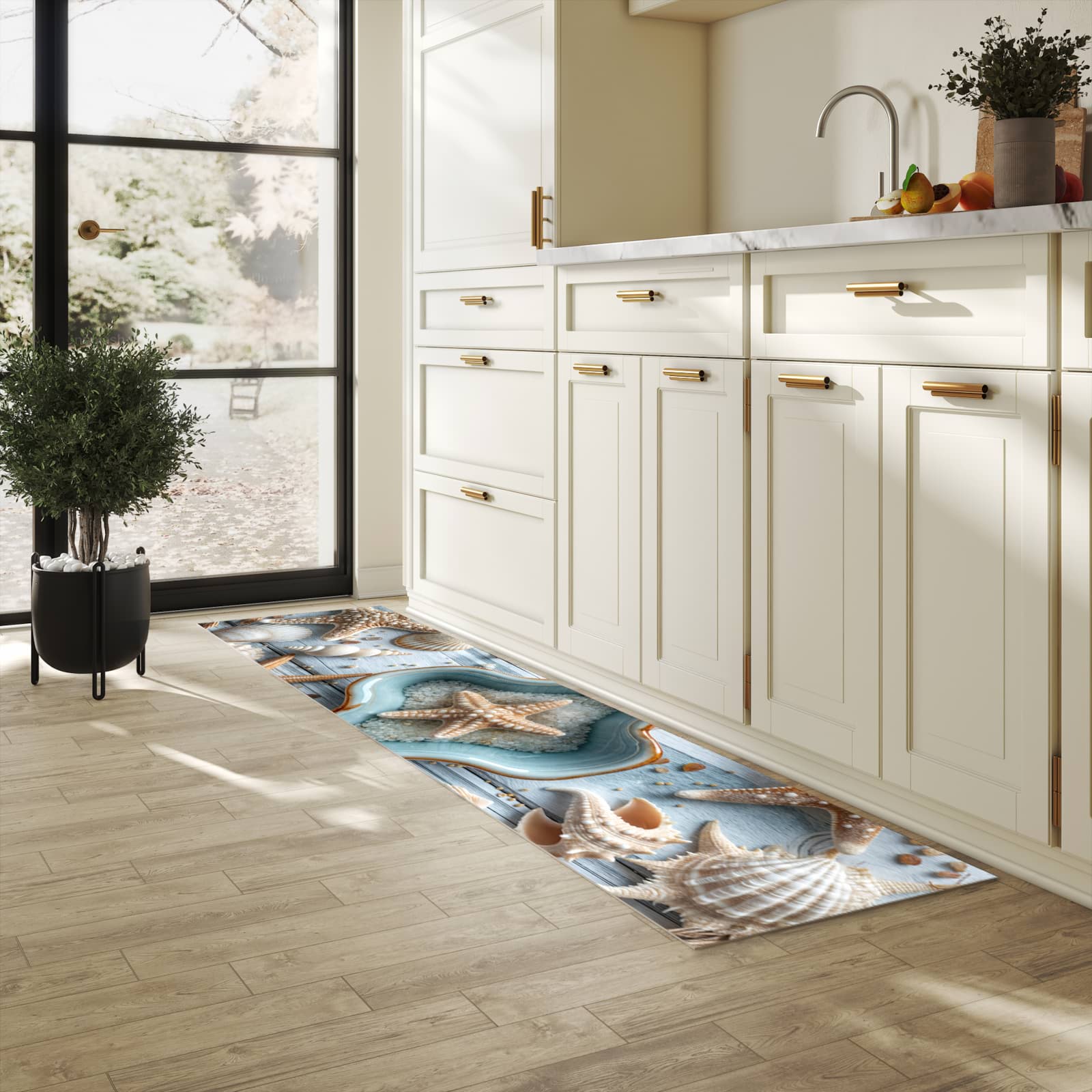 Rutschfester Läufer mit Motiv Muscheldeko Sternform für Eingangsbereich in heller Küche