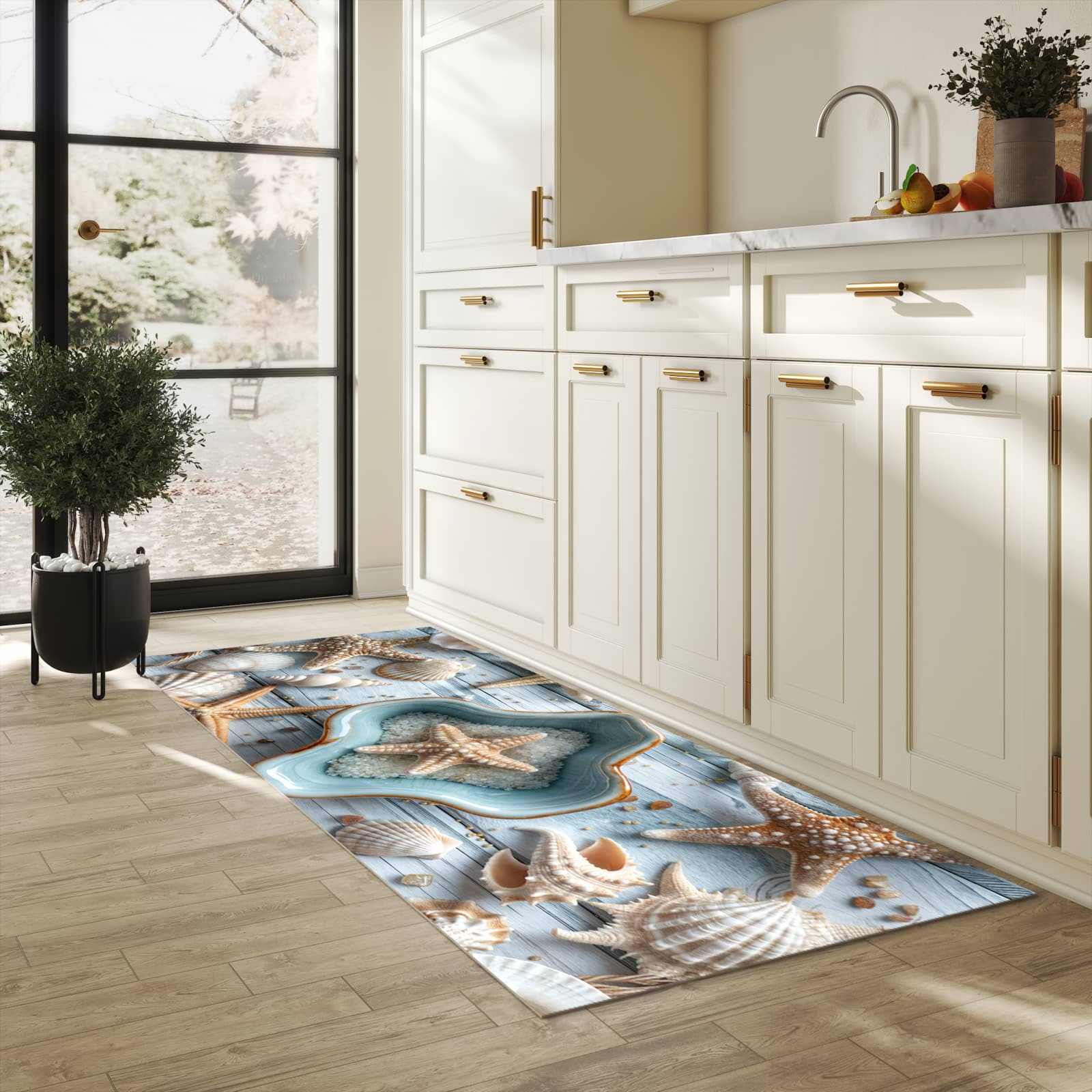 Feuchtigkeitsresistenter Bodenläufer mit Motiv Muscheldeko Sternform in heller Küche