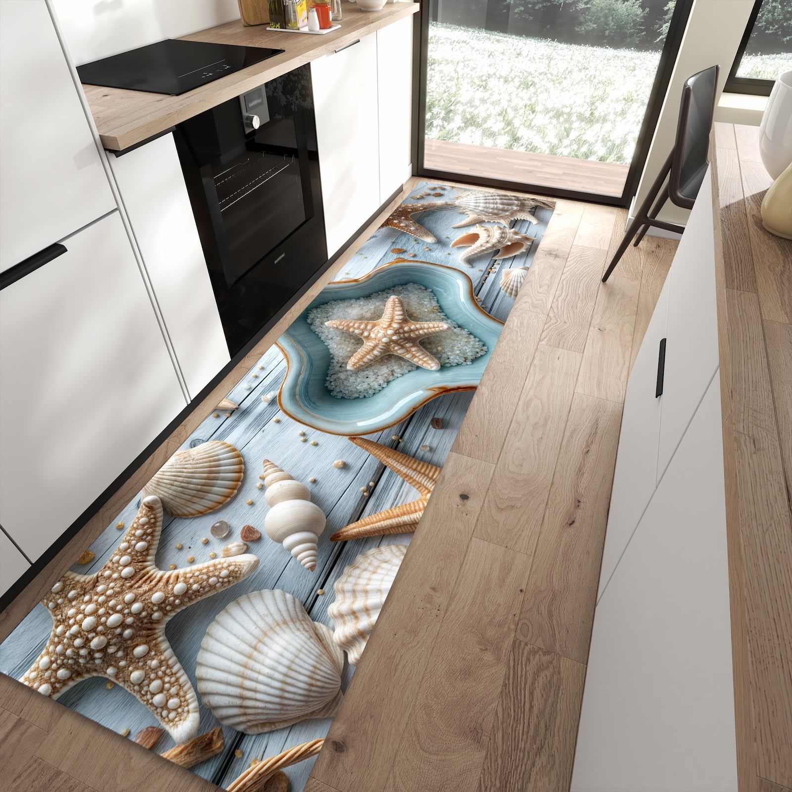 Feuchtigkeitsresistenter Küchenläufer mit Motiv Muscheldeko Sternform in moderner Küche
