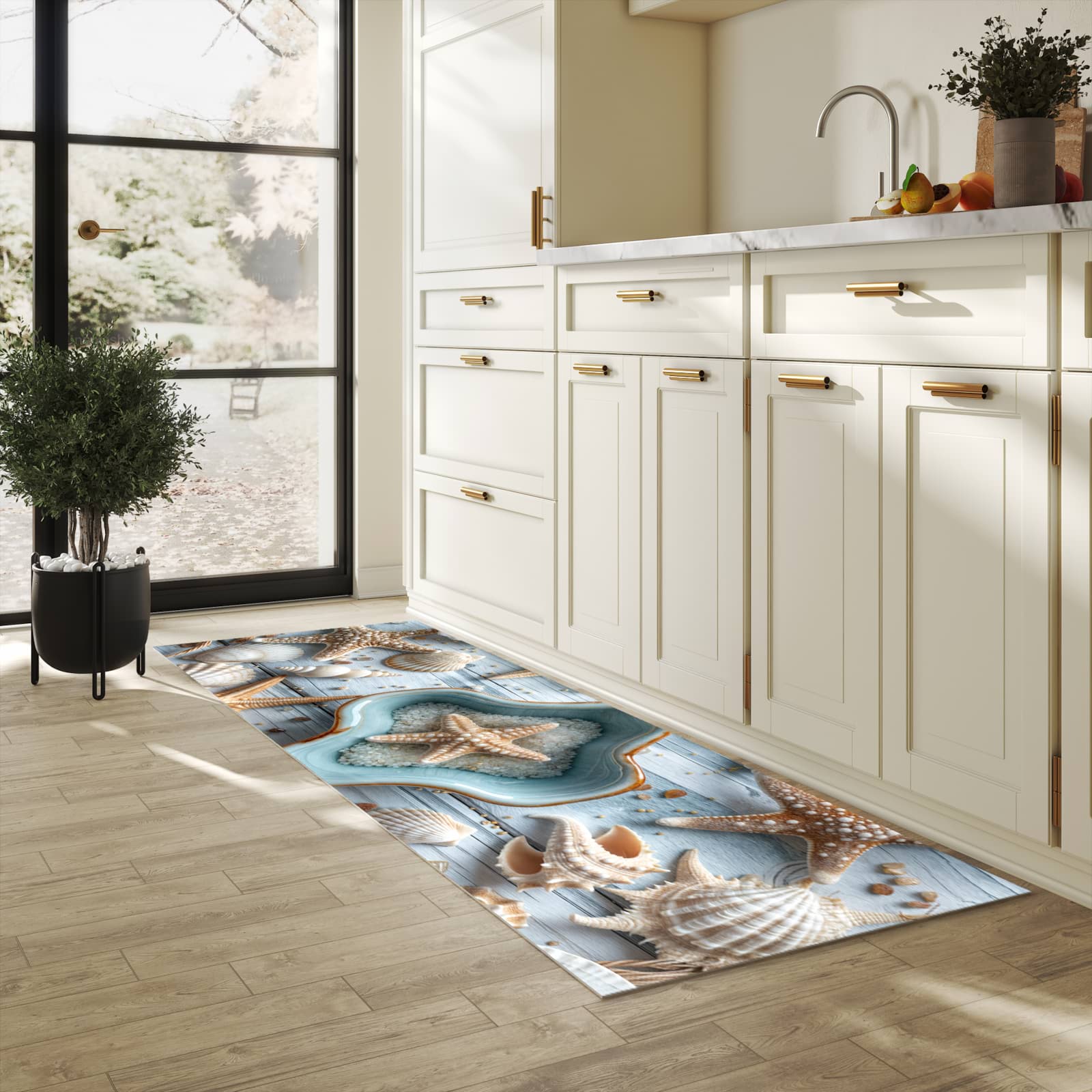 Strapazierfähiger dünner Küchenteppich mit Motiv Muscheldeko Sternform in heller Küche