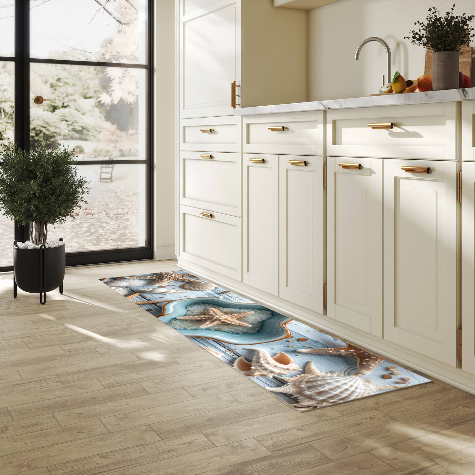 Komfortabler langer Teppich mit Motiv Muscheldeko Sternform in heller Küche