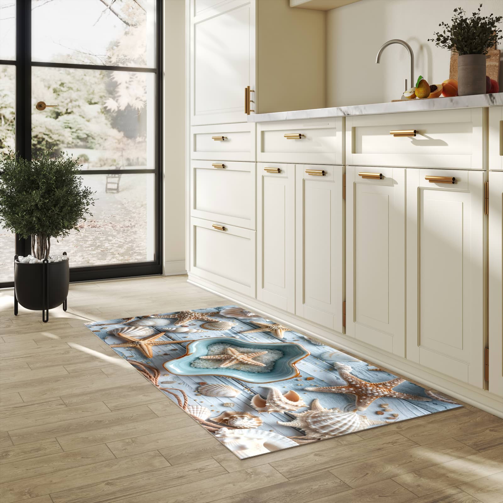 Rutschfester Küchenteppich mit Motiv Muscheldeko Sternform in heller Küche