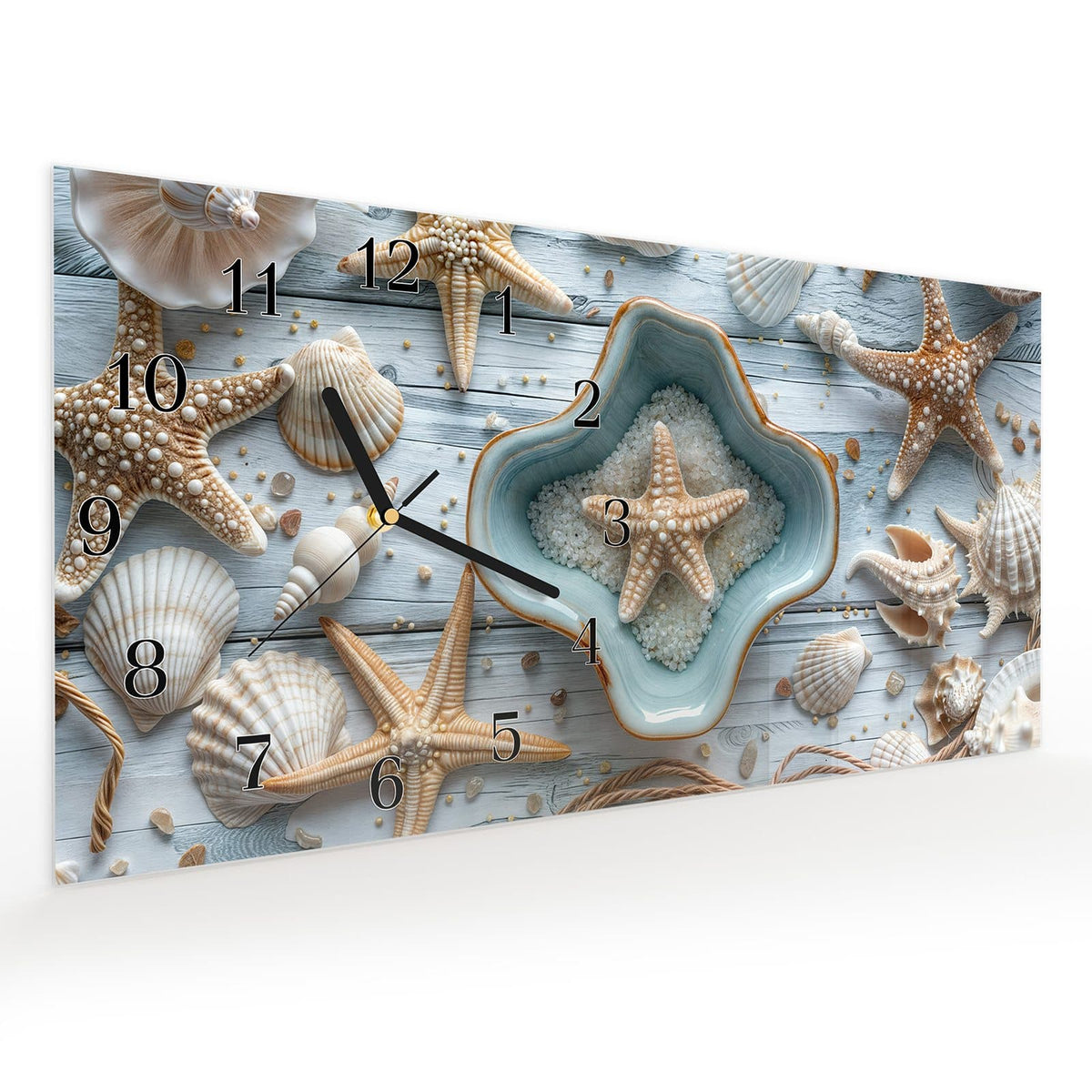 Vormontiert – mit Schwebeeffekt – Wanduhr Muscheldeko Sternform aus Glas – Querformat 60 × 30 cm