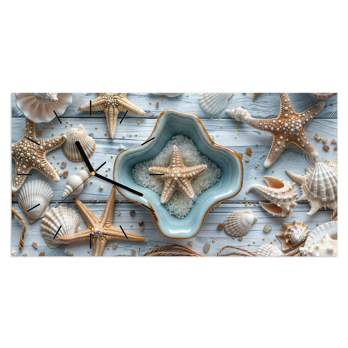 Wanduhr Muscheldeko Sternform aus Glas – Querformat 60 × 30 cm mit Ziffernblatt Linie