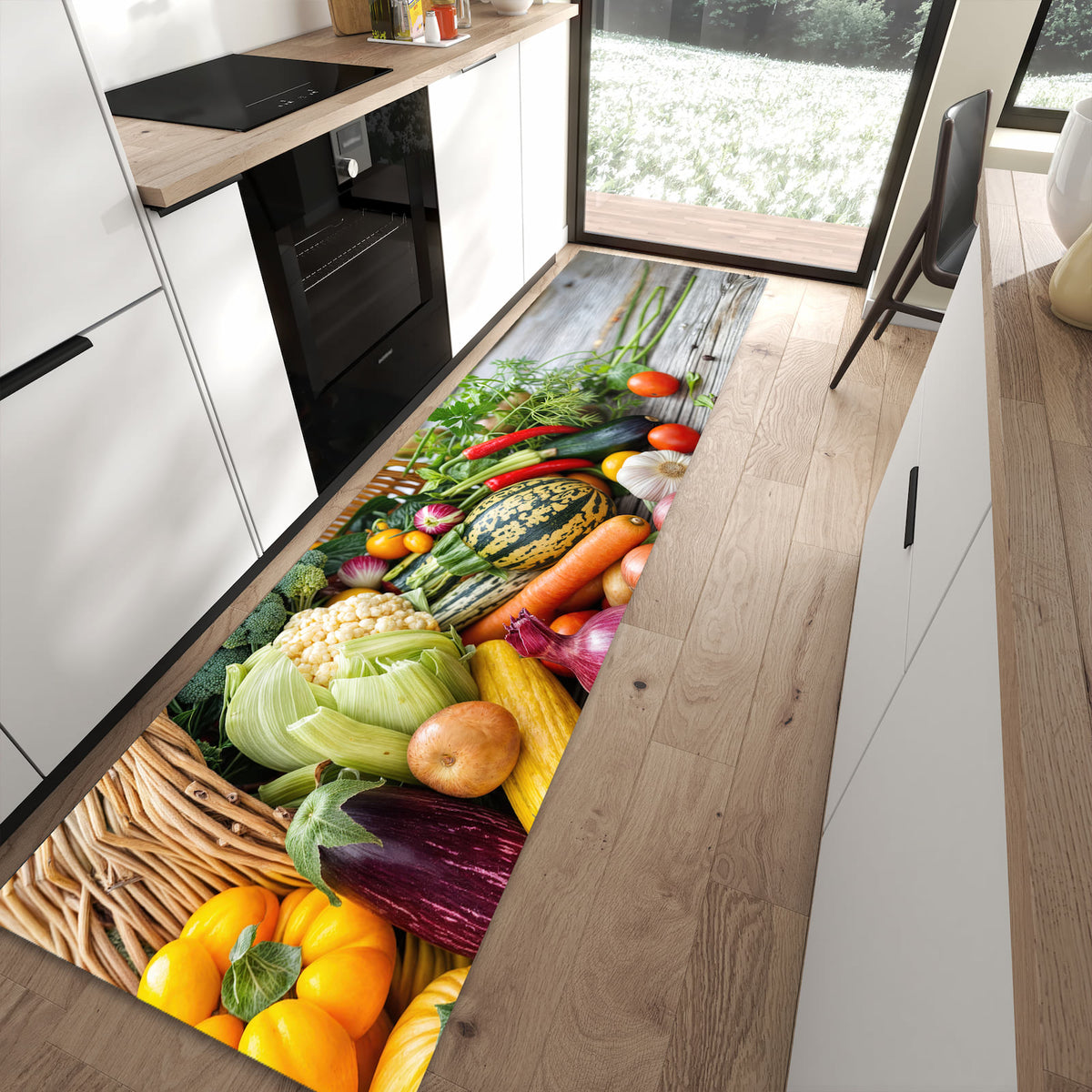Geruchsneutraler Küchenteppich mit Motiv Erntekorb Gemüse in moderner Küche