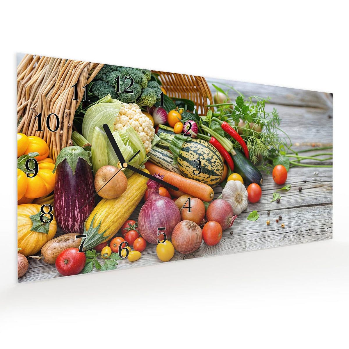 Vormontiert – mit Schwebeeffekt – Wanduhr Erntekorb Gemüse aus Glas – Querformat 60 × 30 cm