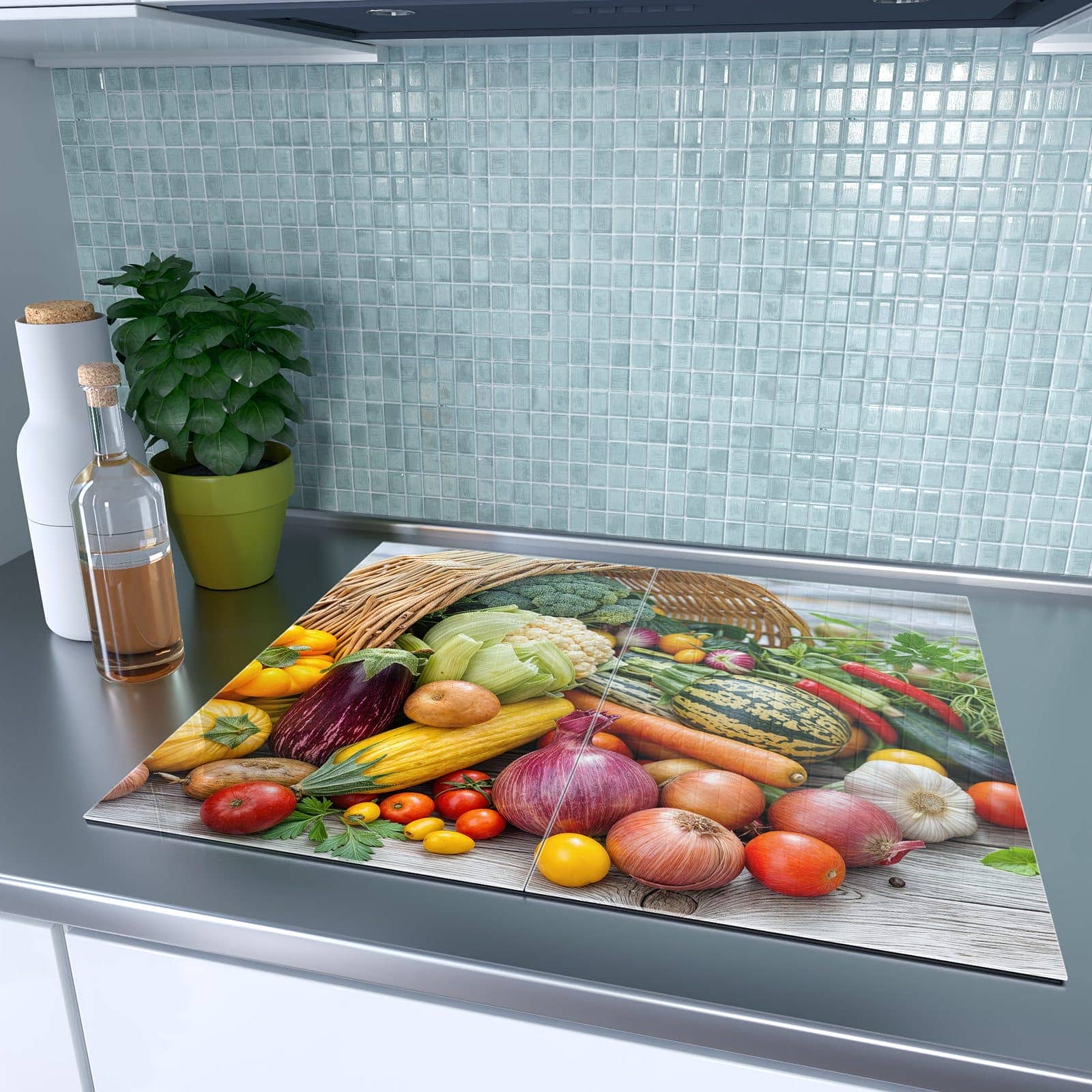 2-teilige Herdabdeckplatten mit Erntekorb Gemüse-Motiv auf dem Ceranfeld