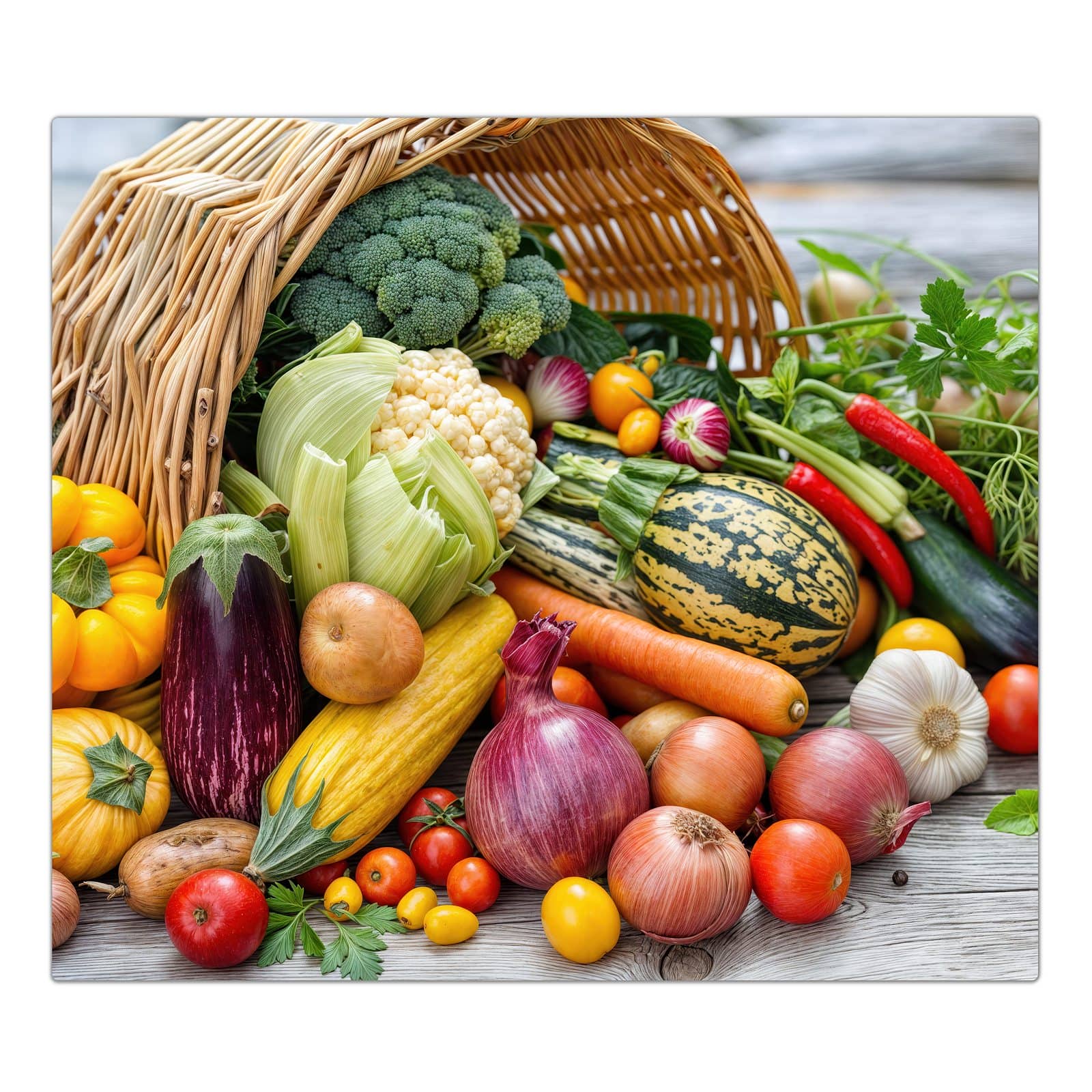 1-teilige Herdabdeckplatte mit Erntekorb Gemüse-Motiv in der Frontansicht #grösse_1-Teilig (60x52cm)