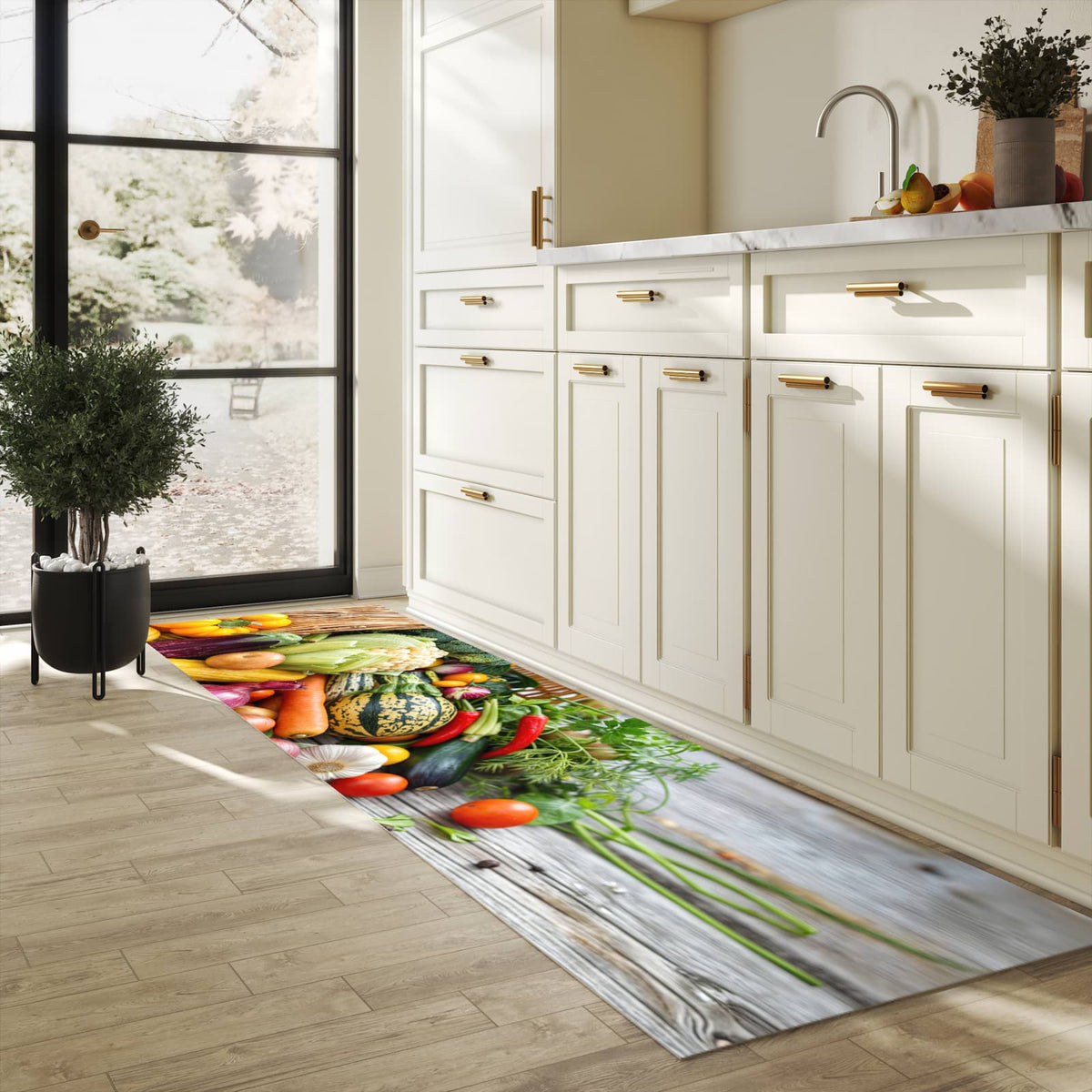 Fleckenresistenter waschbarer Teppich Küche mit Motiv Erntekorb Gemüse in heller Küche