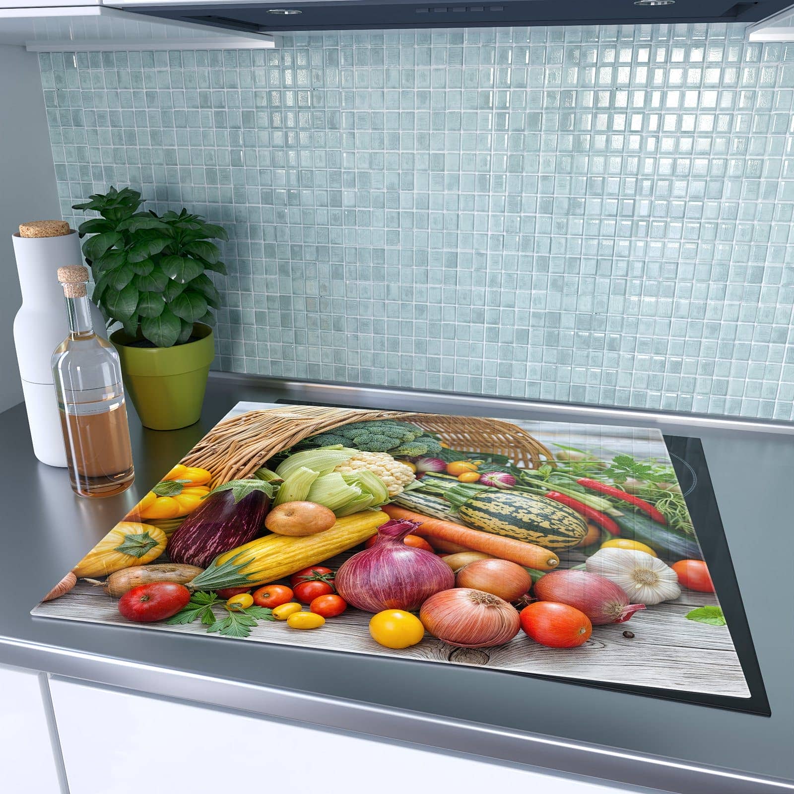 1-teilige Herdabdeckplatten aus Glas mit Erntekorb Gemüse-Motiv auf dem Ceranfeld