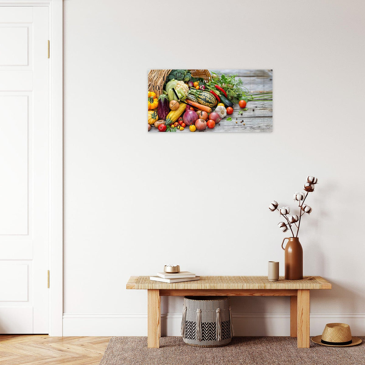 Moderne Wanduhr aus Glas mit Farbtiefe – Wanduhr Erntekorb Gemüse aus Glas – Querformat 60 × 30 cm