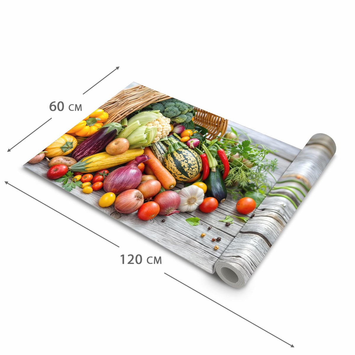 Feuchtigkeitsresistenter Küchenteppich mit Motiv Erntekorb Gemüse in der Grösse 60x90 cm