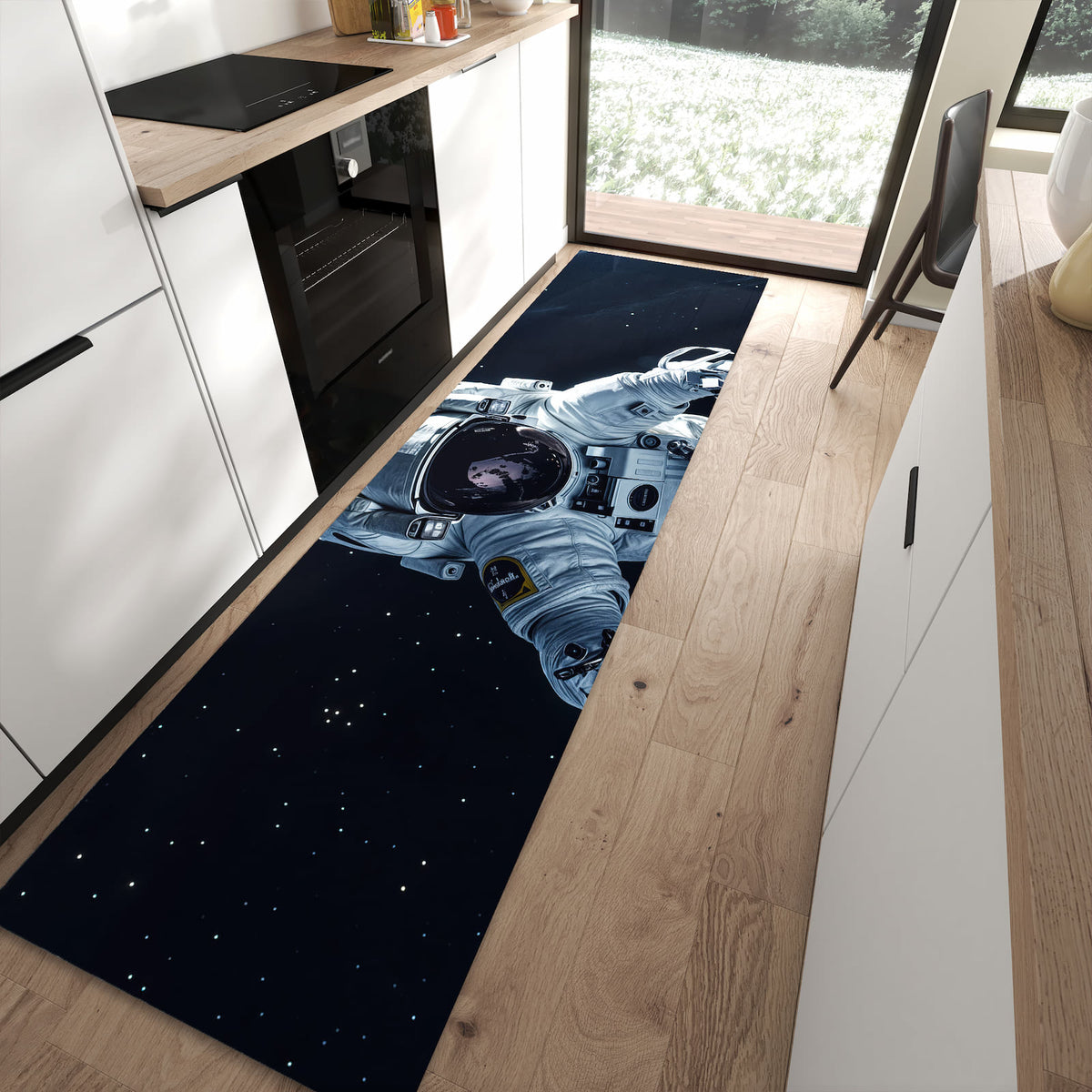 Hygienischer Küchenläufer mit Motiv Astronaut im All in Frontansicht