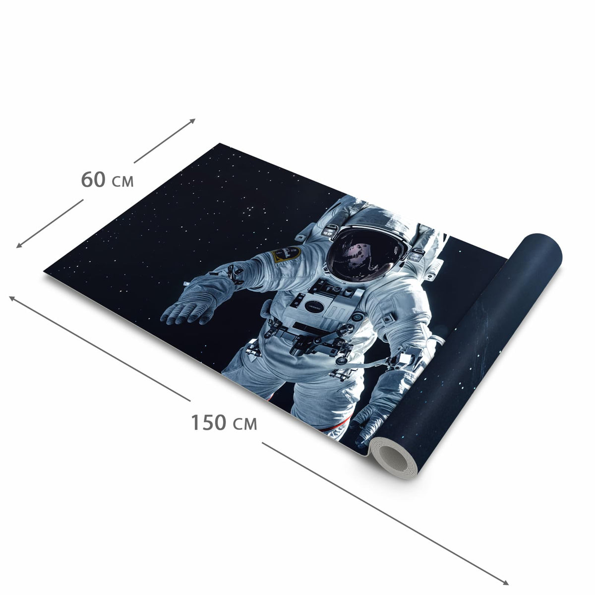 Pflegeleichter Bodenläufer Teppich mit Motiv Astronaut im All zeigt Produktvorteile