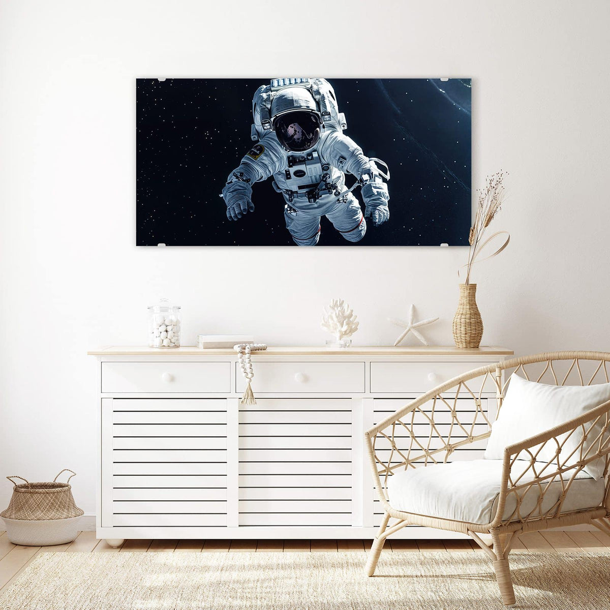 Echtglas, 4 mm – kein Acryl, keine Folie – Wandbild - Schwebender Astronaut - Querformat