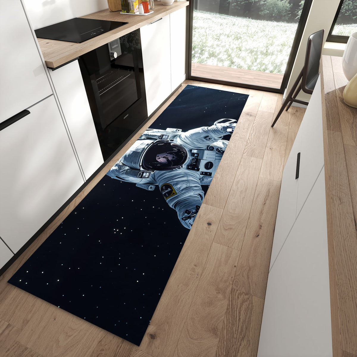 Küchenteppich mit Motiv Astronaut im All in Frontansicht für angenehme Haptik