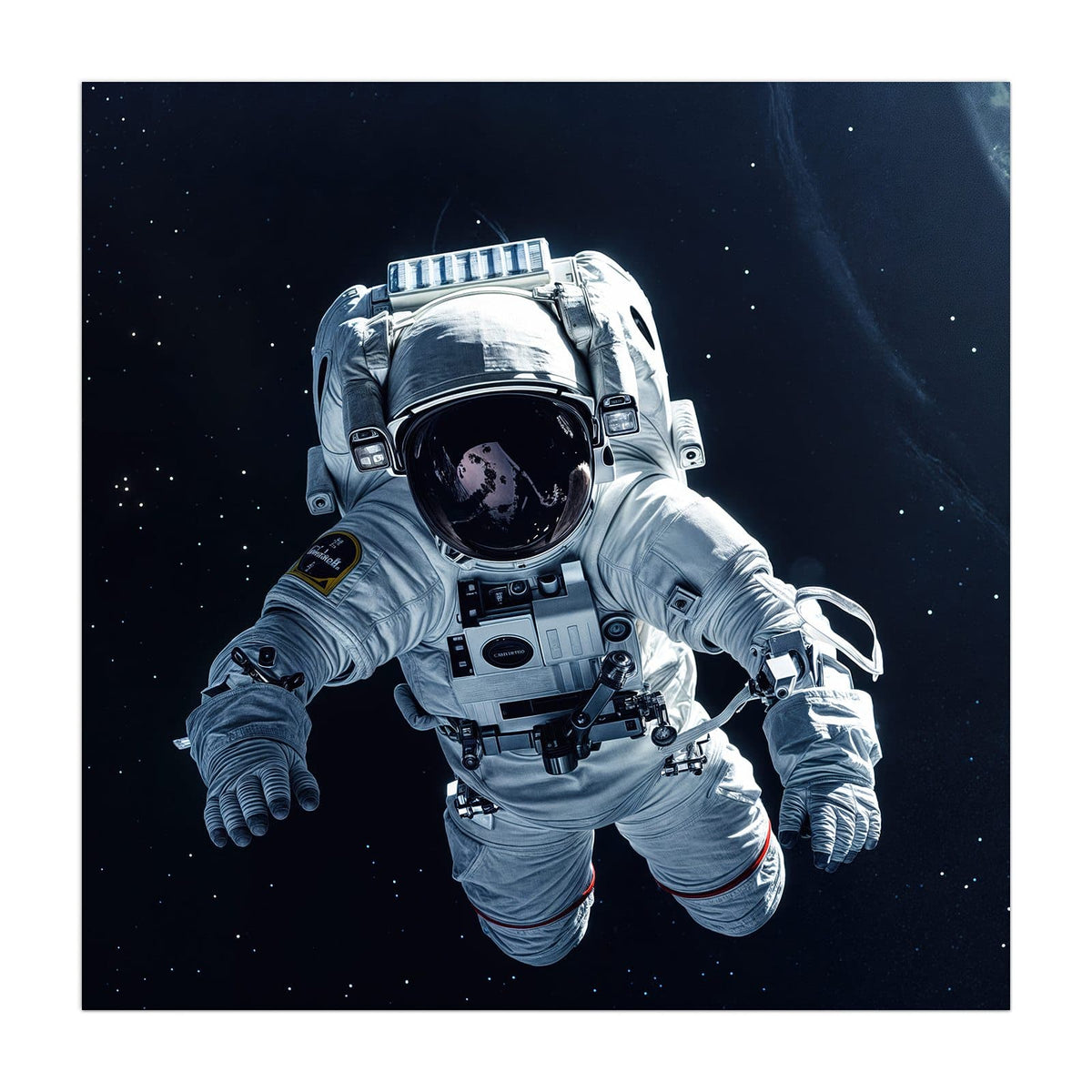 Astronaut im weißen Anzug schwebt frei vor schwarzem Sternenhimmel