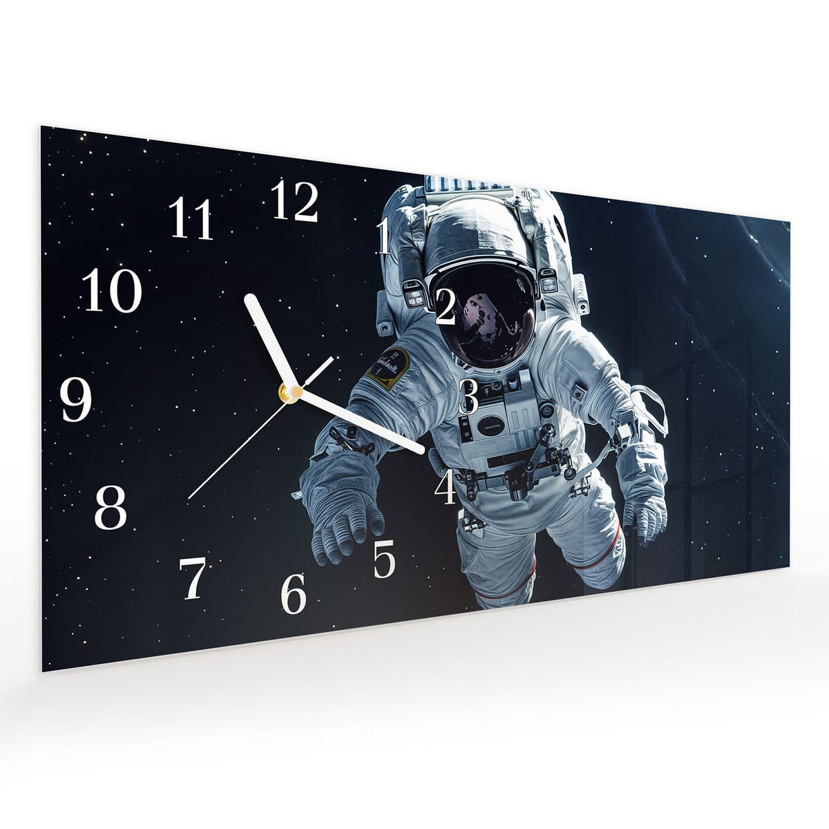 Vormontiert – mit Schwebeeffekt – Wanduhr Astronaut im All aus Glas – Querformat 60 × 30 cm